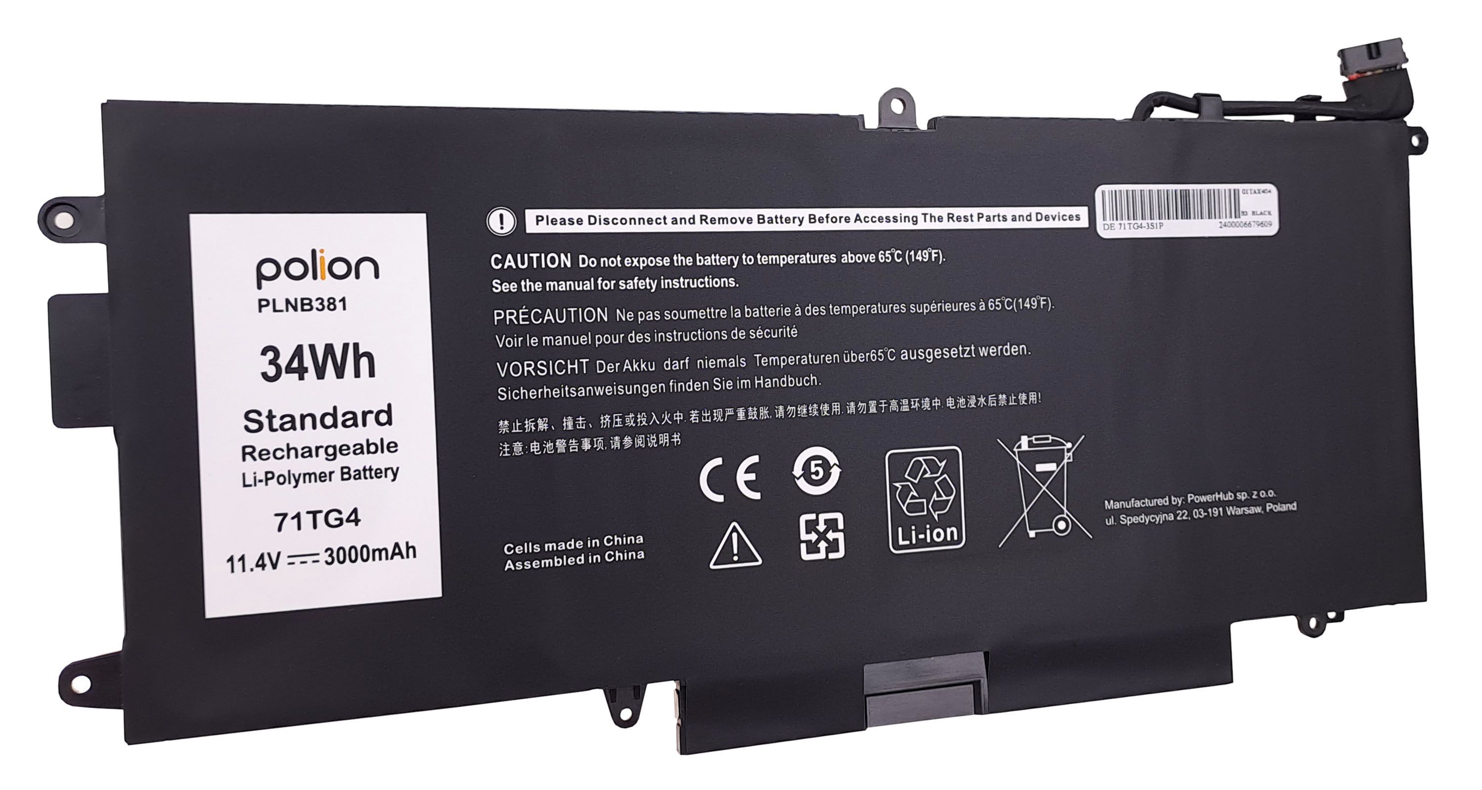 Czarna bateria litowo-polimerowa, 34Wh, 11,4V, 3000mAh, model 71TG4.
