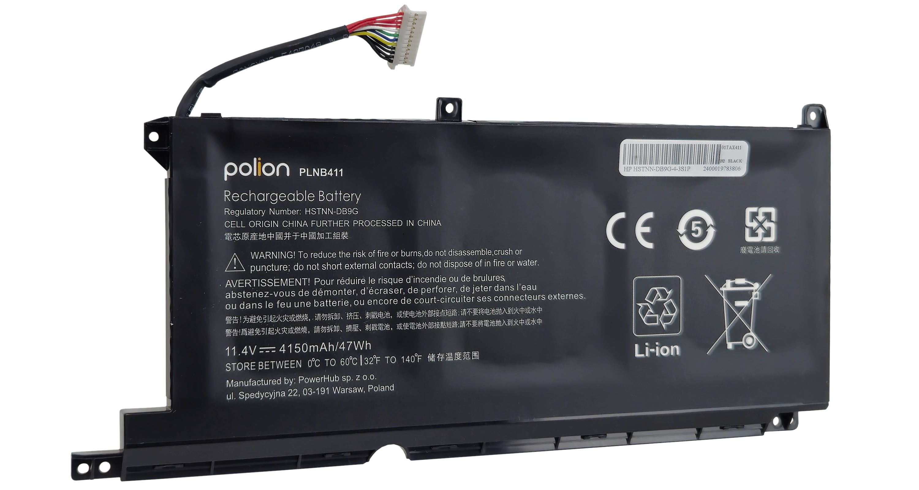 Czarna bateria Li-ion, model PLNB411, 11.4V 4150mAh, z kablem.