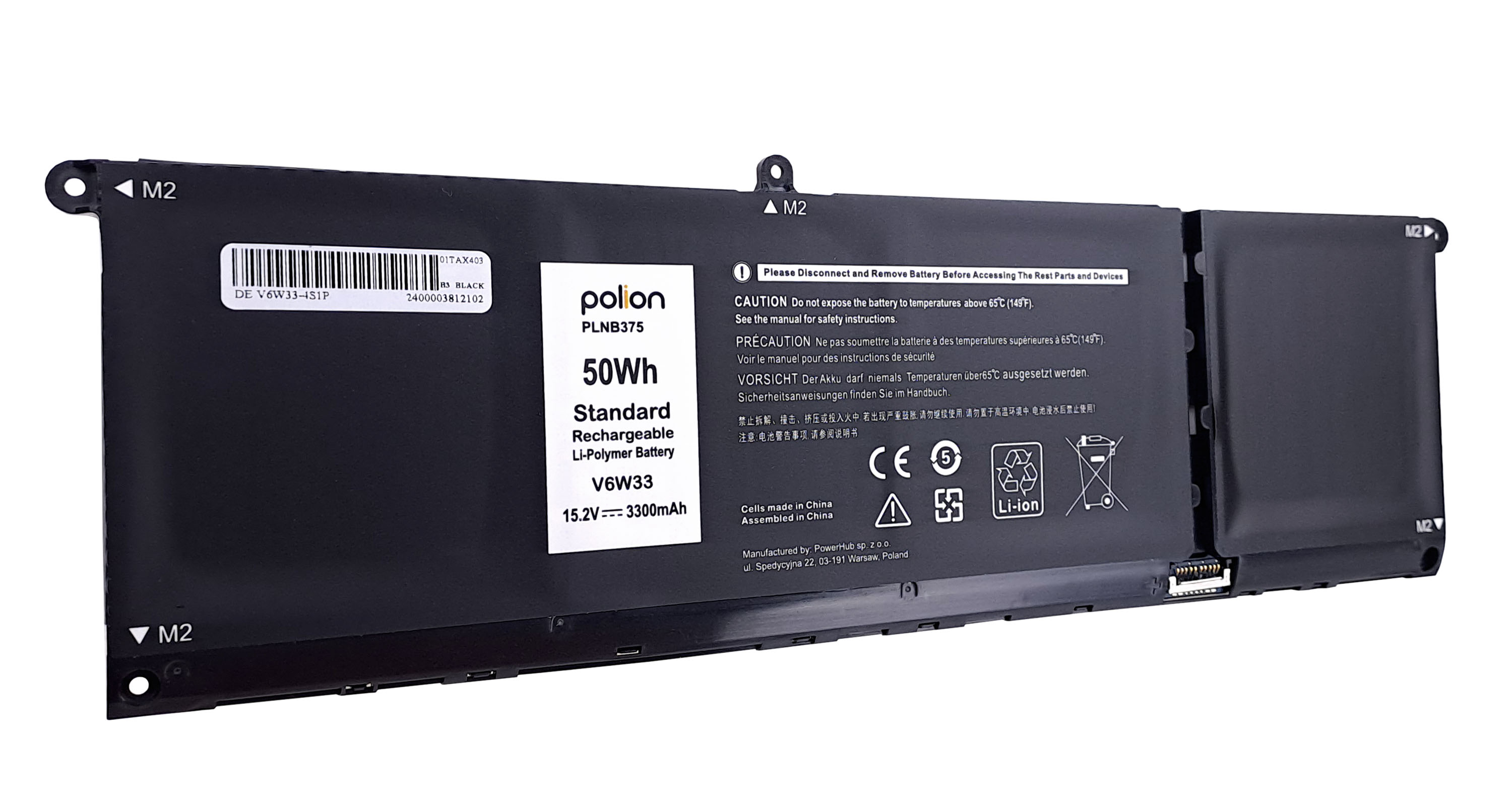 Czarna bateria do laptopa z etykietami i symbolami ostrzegawczymi, model V6W33.