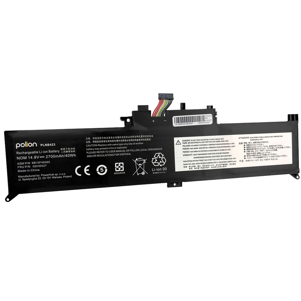 Czarna bateria litowo-jonowa Polion z kablami i etykietami ostrzegawczymi.