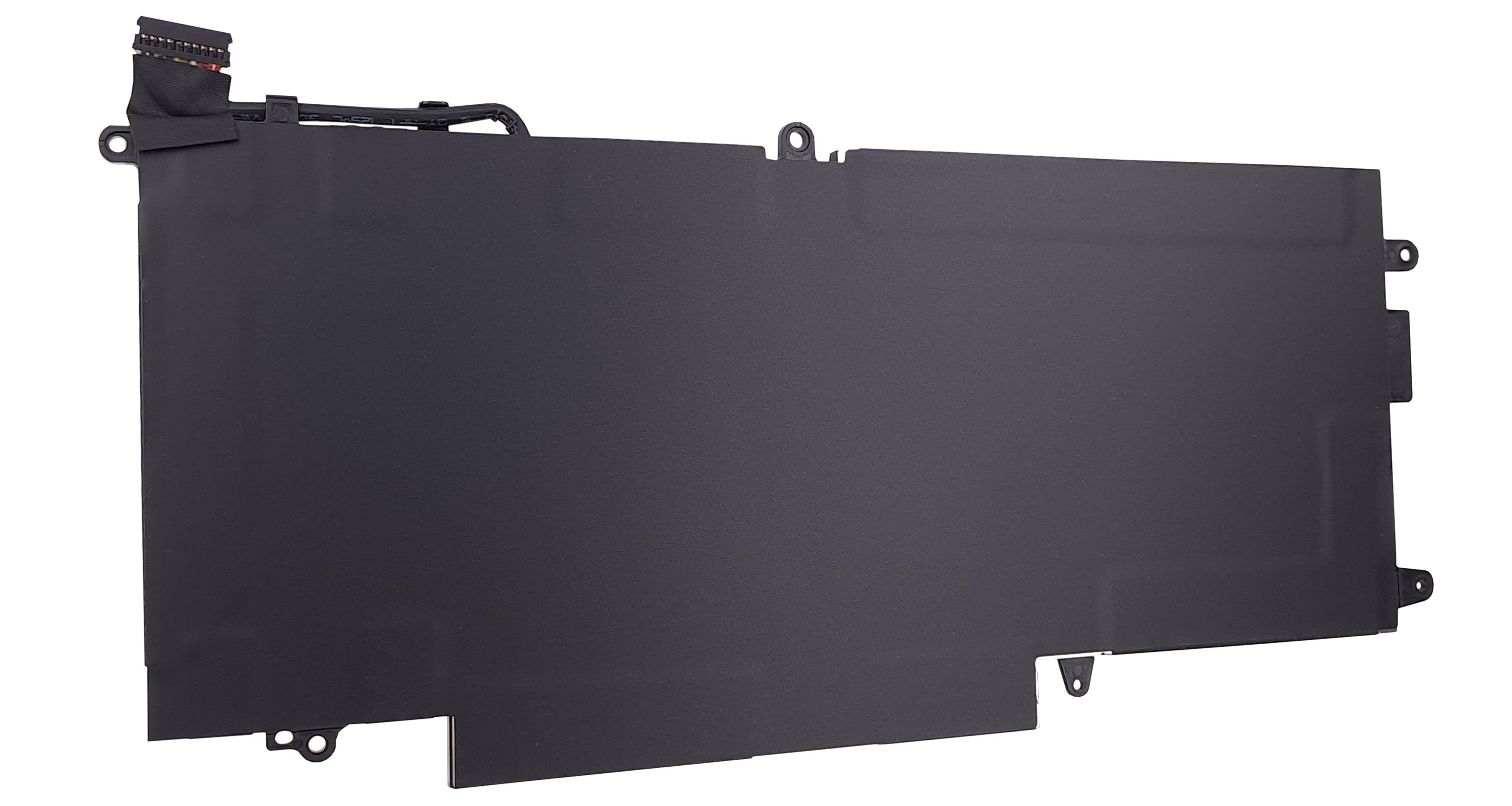 Czarna, płaska, prostokątna bateria do laptopa z złączem i kablami.