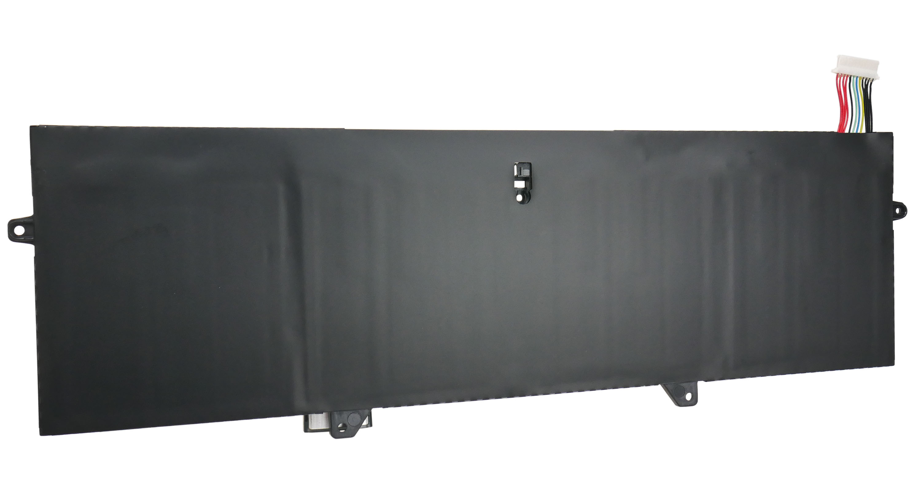 Czarny akumulator z złączem i kolorowymi przewodami.