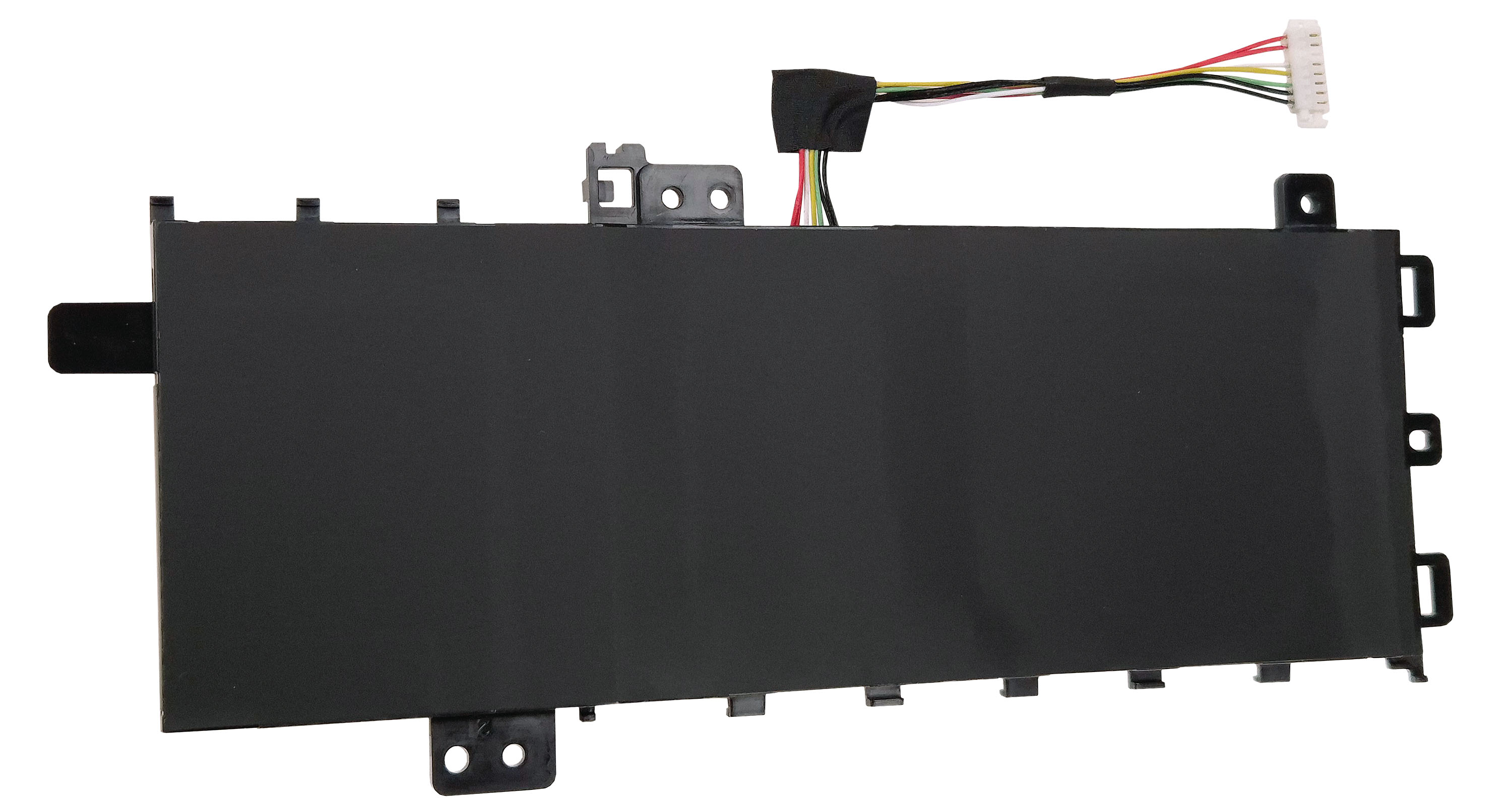 Czarna bateria do laptopa z wiązką kolorowych przewodów.