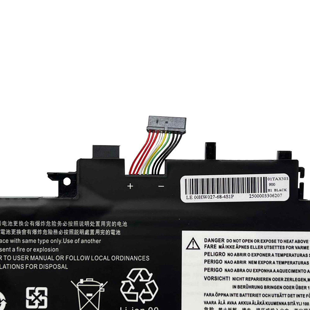 Bateria laptopa z kablami, symbolami ostrzegawczymi i informacjami.