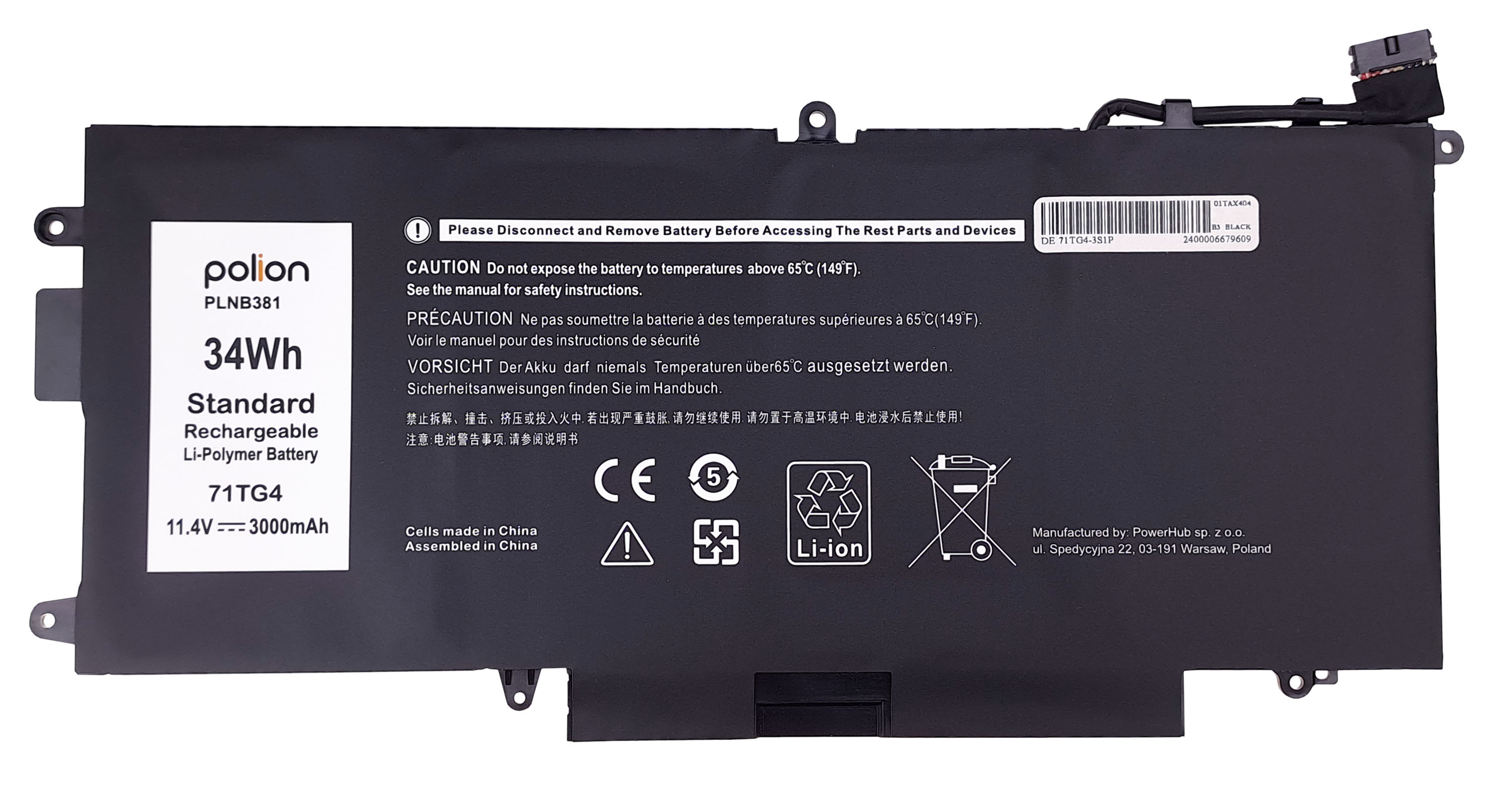 Czarna bateria do laptopa, 34Wh, 11.4V, 3000mAh, marki Polion.