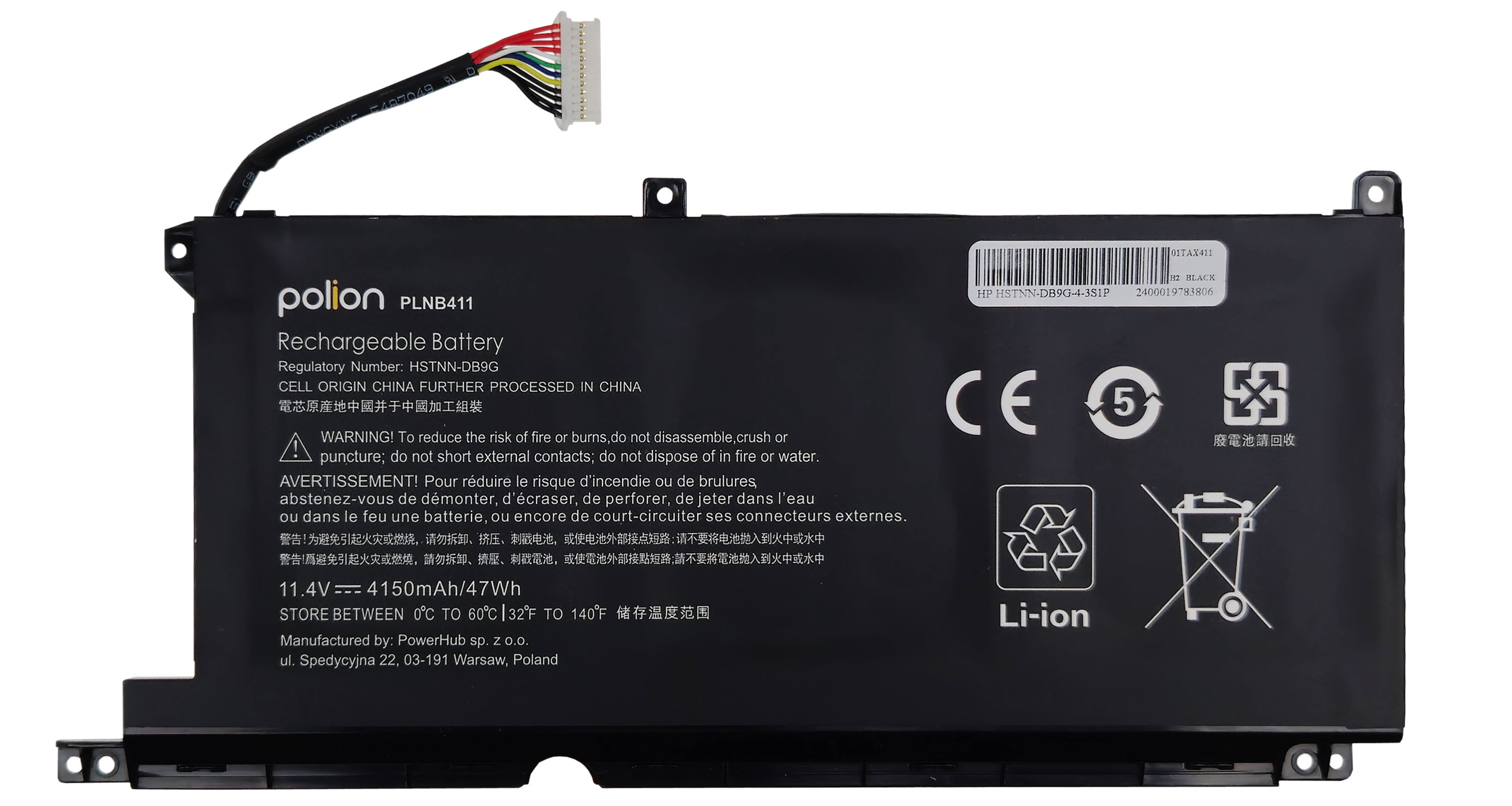 Czarna bateria do laptopa Polion PLNB411, 11.4V, 4150mAh, z ostrzeżeniami.