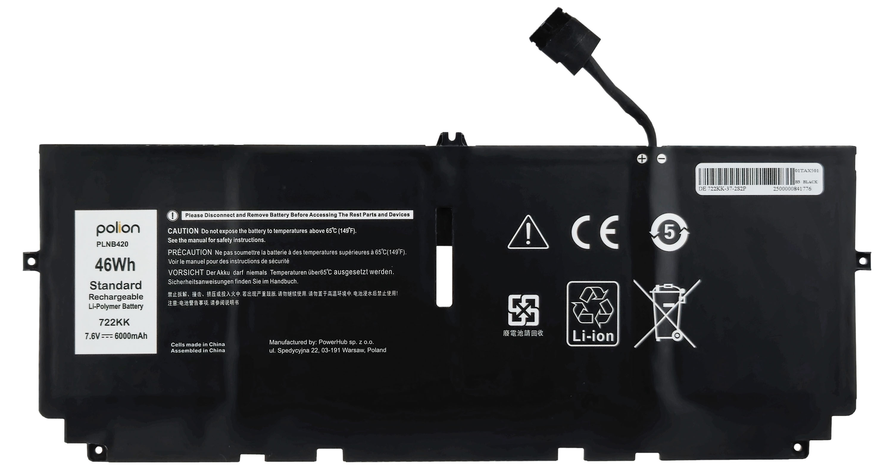 Czarny akumulator do laptopa, 46Wh, 7.6V, 6000mAh, z kablem i etykietami ostrzegawczymi.