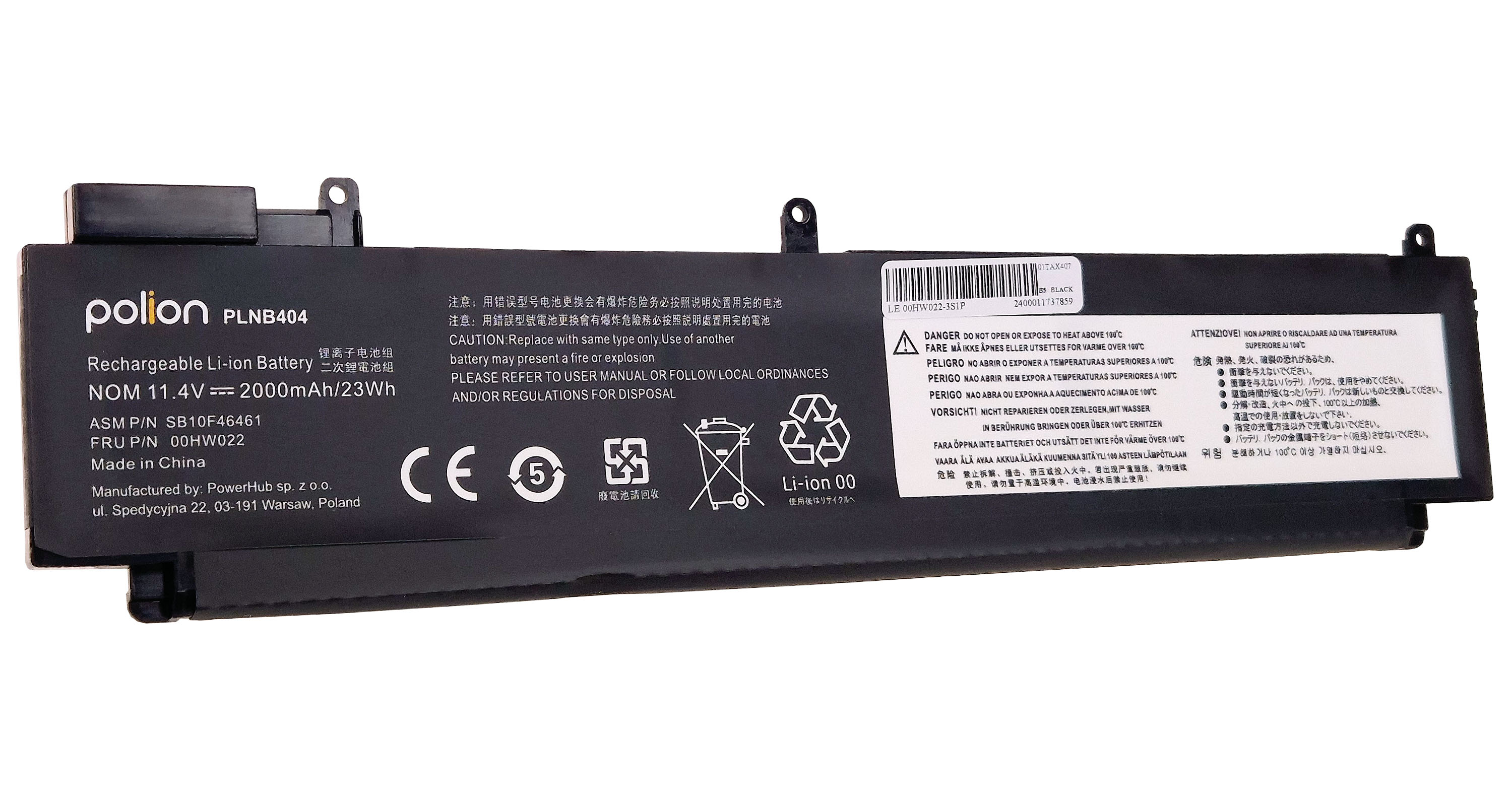 Czarna bateria Li-ion Polion, model PLNB404, 11.4V 2000mAh.