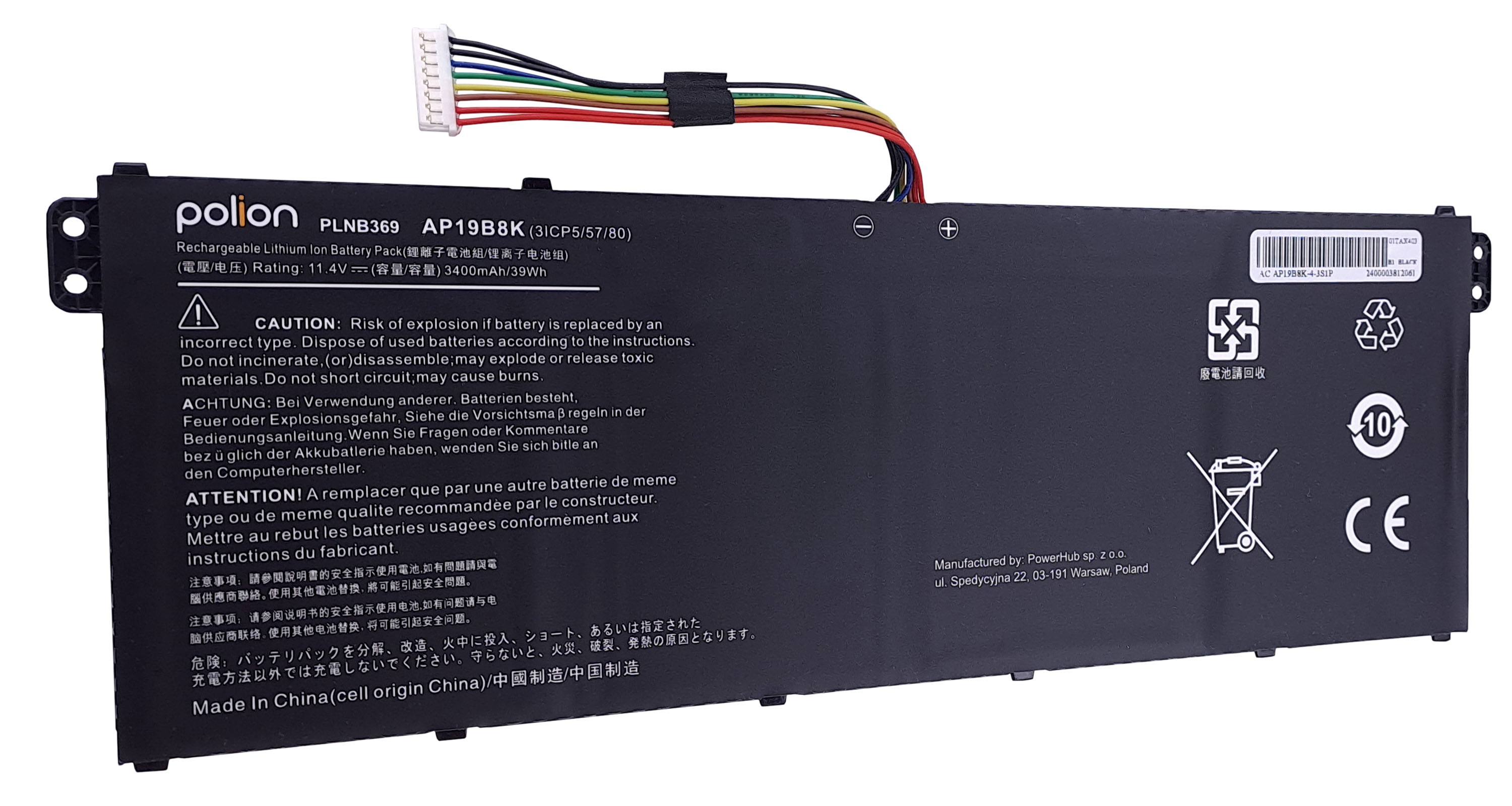 Czarna bateria do laptopa z przewodami. Model PLNB369 AP19B8K.