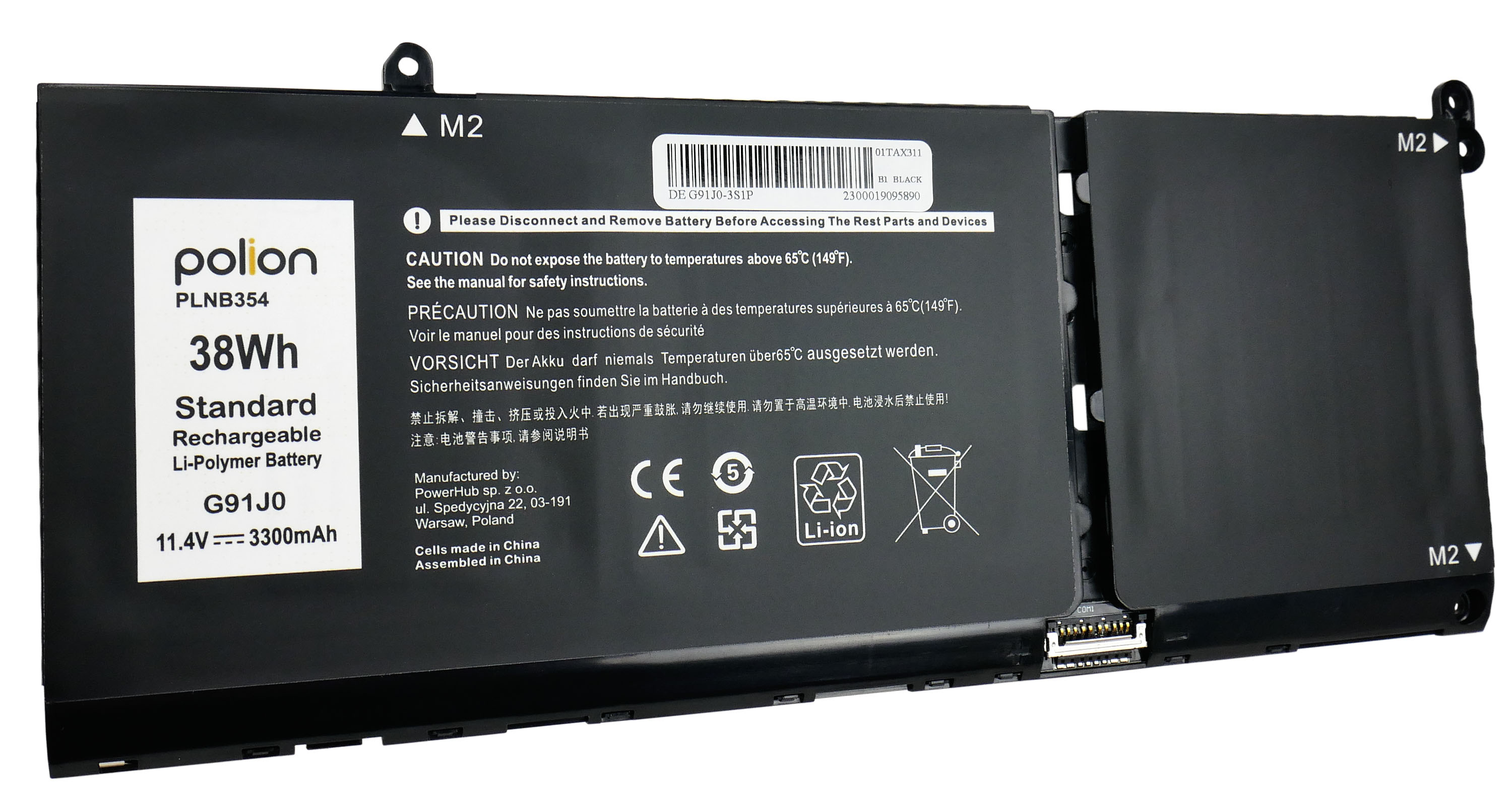 Czarna bateria do laptopa, 38Wh, 11.4V, 3300mAh, z etykietami ostrzegawczymi.