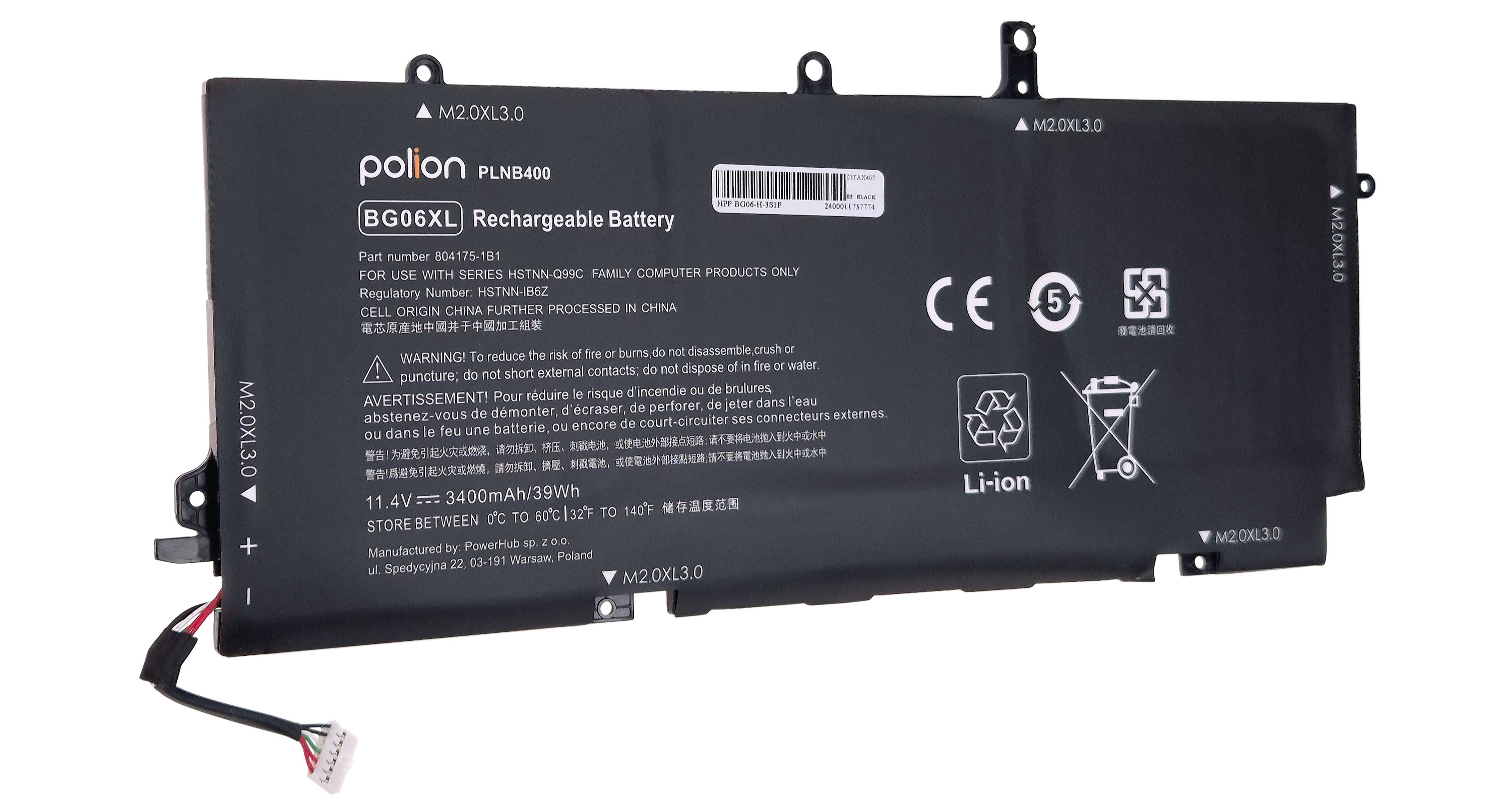 Czarna bateria do laptopa, model PLNB400, BG06XL. Zawiera symbole ostrzegawcze.