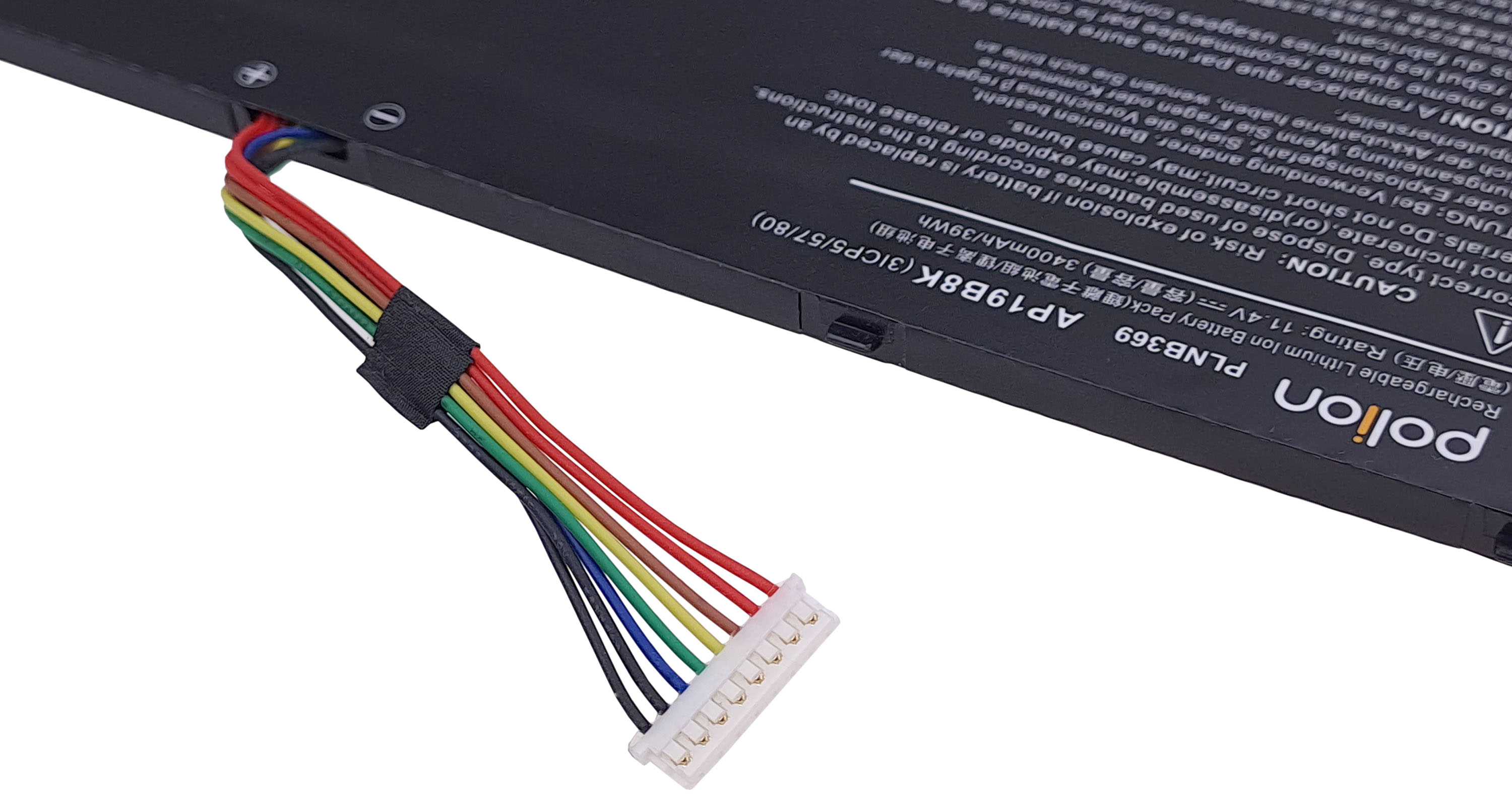 Czarna bateria do laptopa z kolorową wiązką przewodów i złączem.