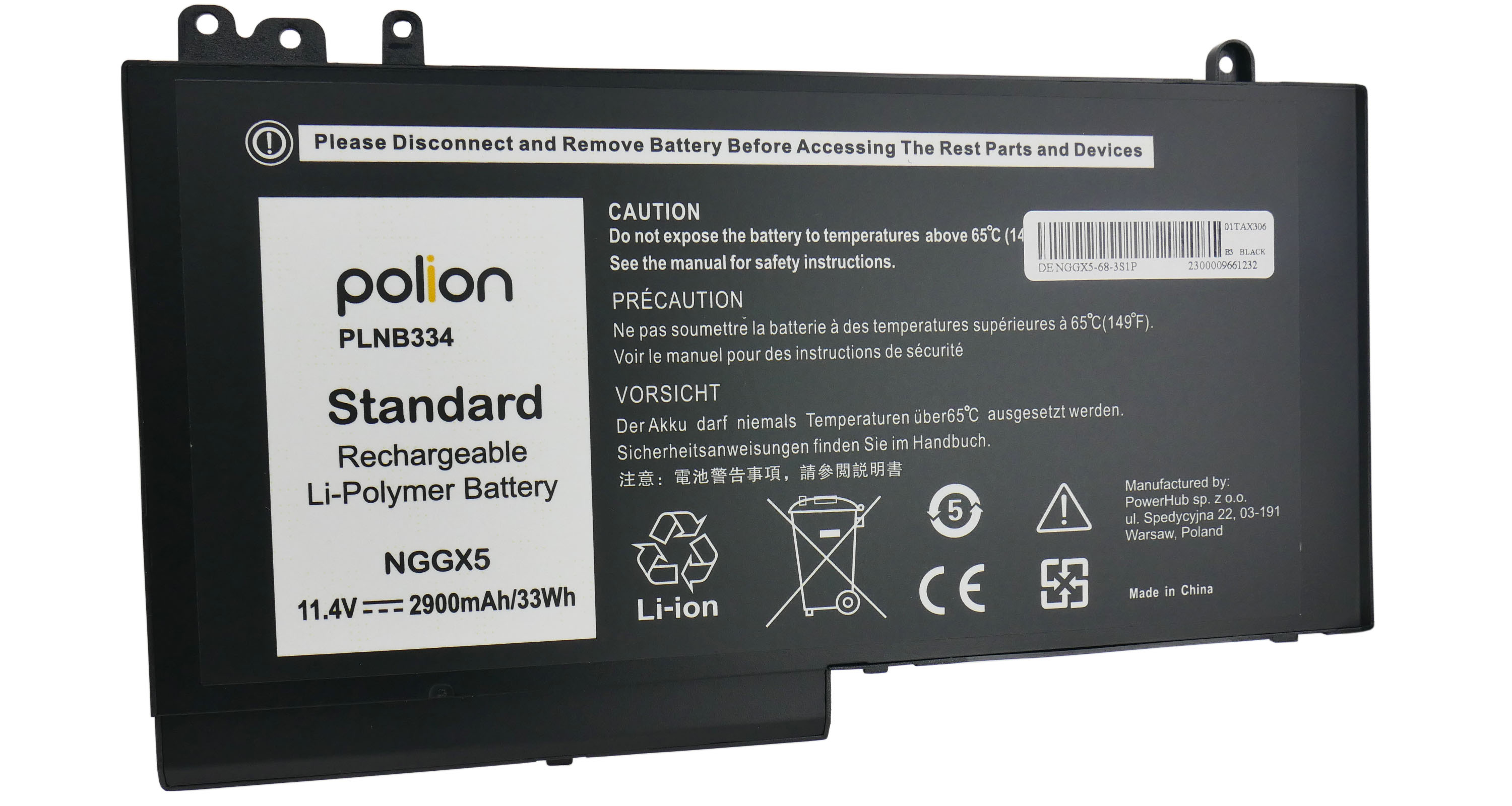 Czarna bateria Polion Li-Polimer, 11.4V, 2900mAh, z etykietami ostrzegawczymi.