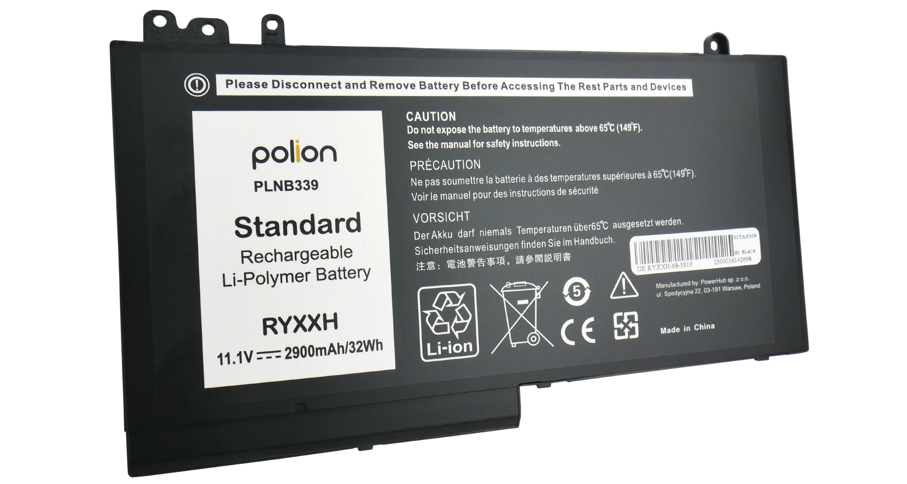 Czarna bateria do laptopa z napisem: 'polion', 'PLNB339', 'Standard', '11.1V 2900mAh/32Wh'.