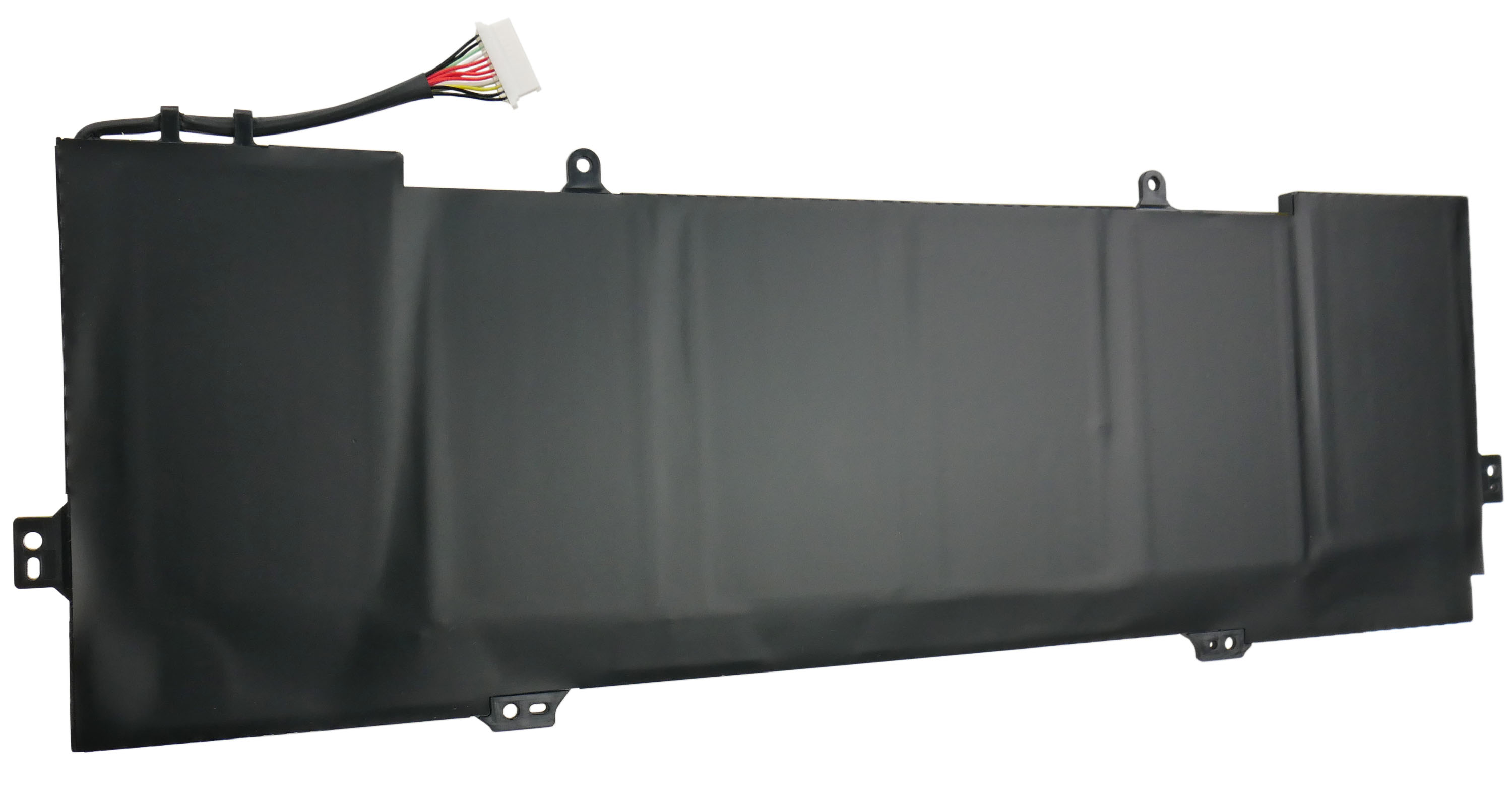 Czarna bateria do laptopa z kablem i białym złączem, z otworami montażowymi.