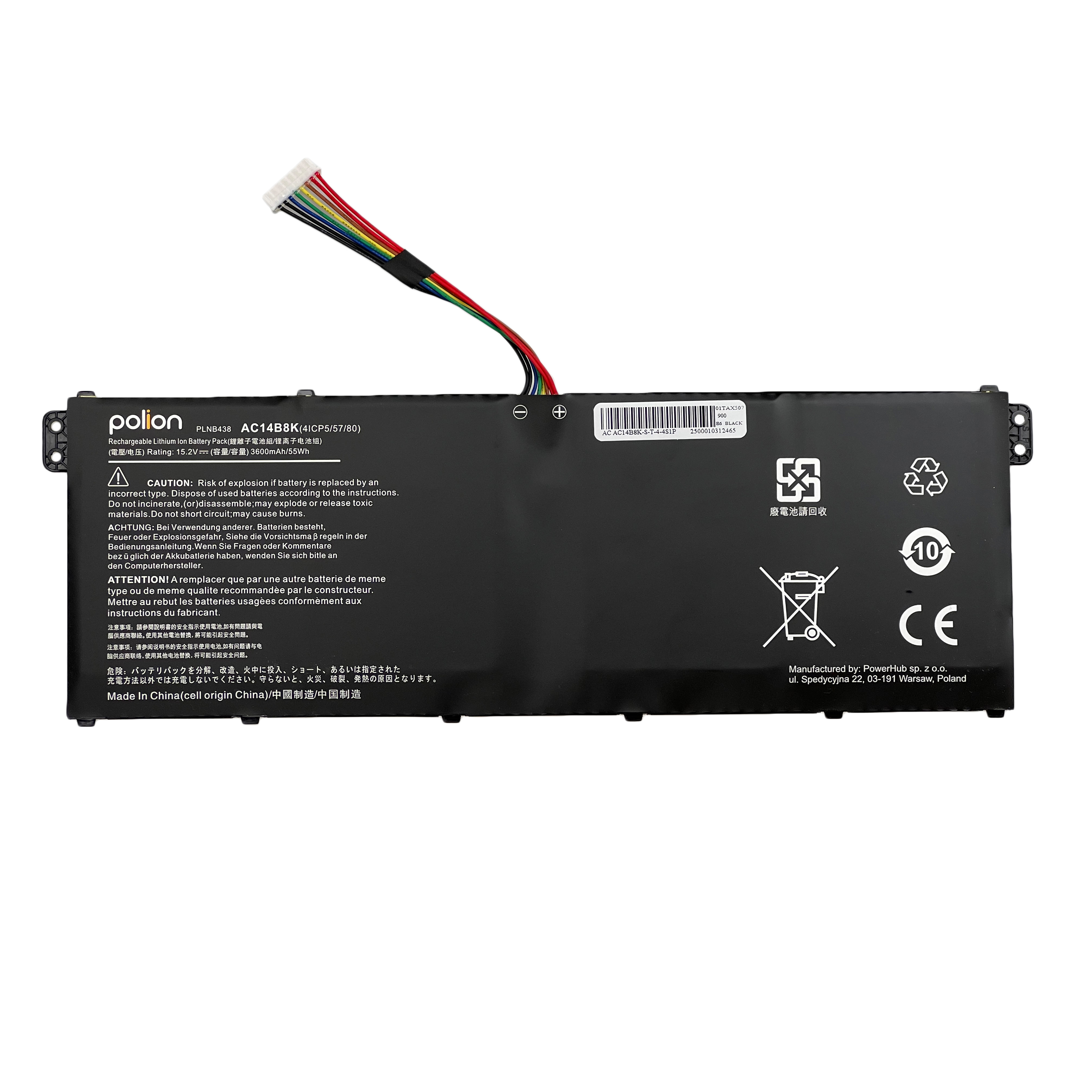 Czarny akumulator z kablem i symbolami ostrzegawczymi. Wyprodukowano w Chinach.