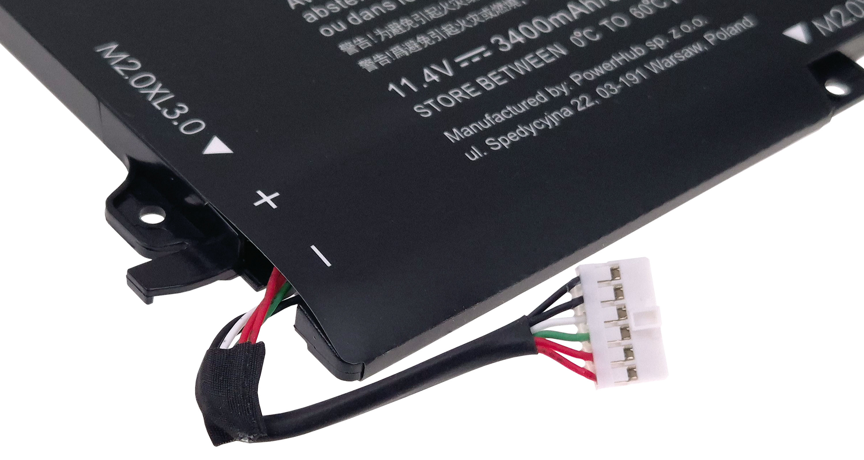 Czarna bateria z kablem i białym złączem 5-pinowym. Opis 'M2.0XL3.0'.