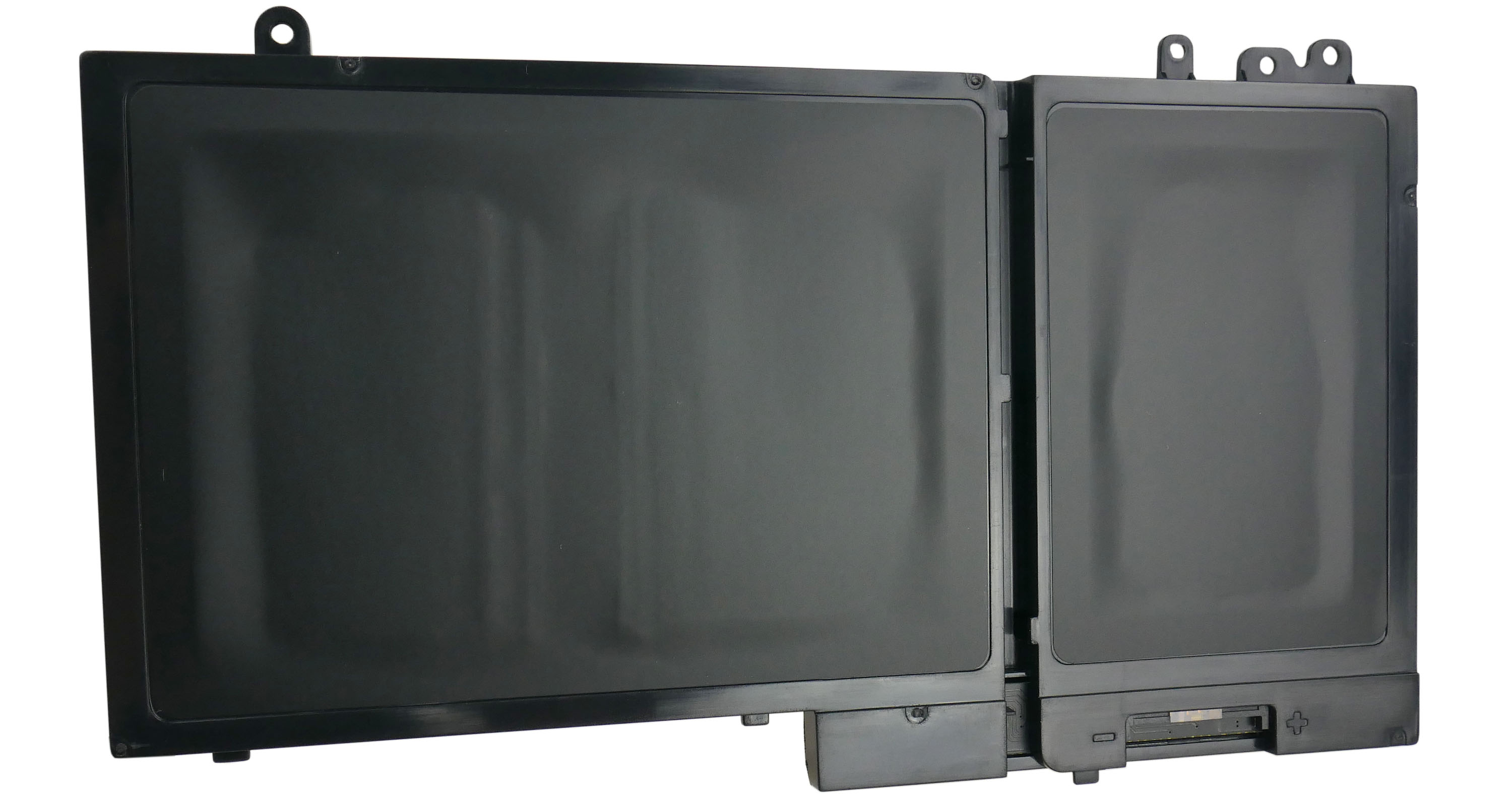 Czarna bateria laptopa z dwoma głównymi sekcjami i otworami montażowymi.