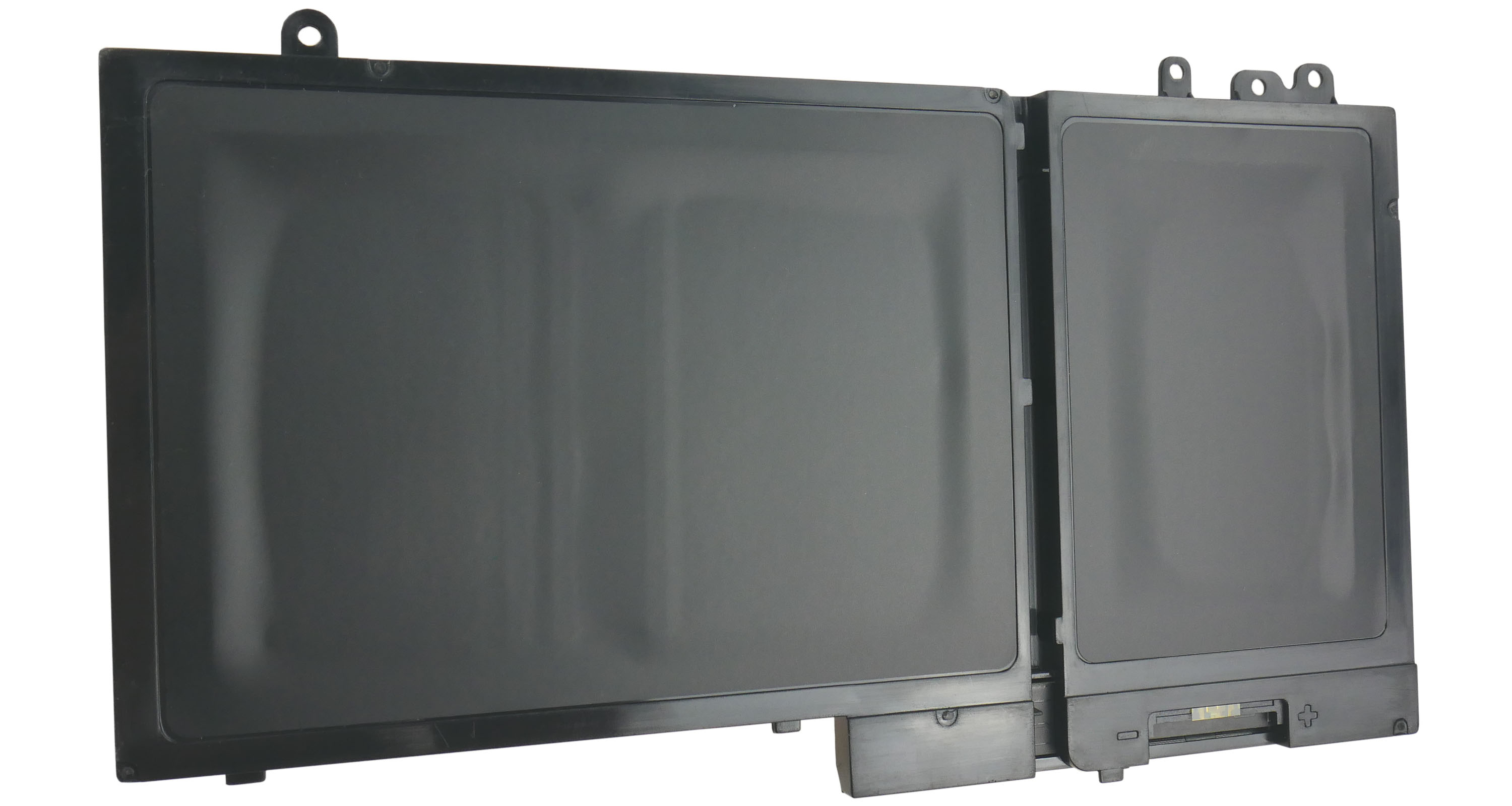 Czarna bateria do laptopa z dwoma komorami i otworami montażowymi.