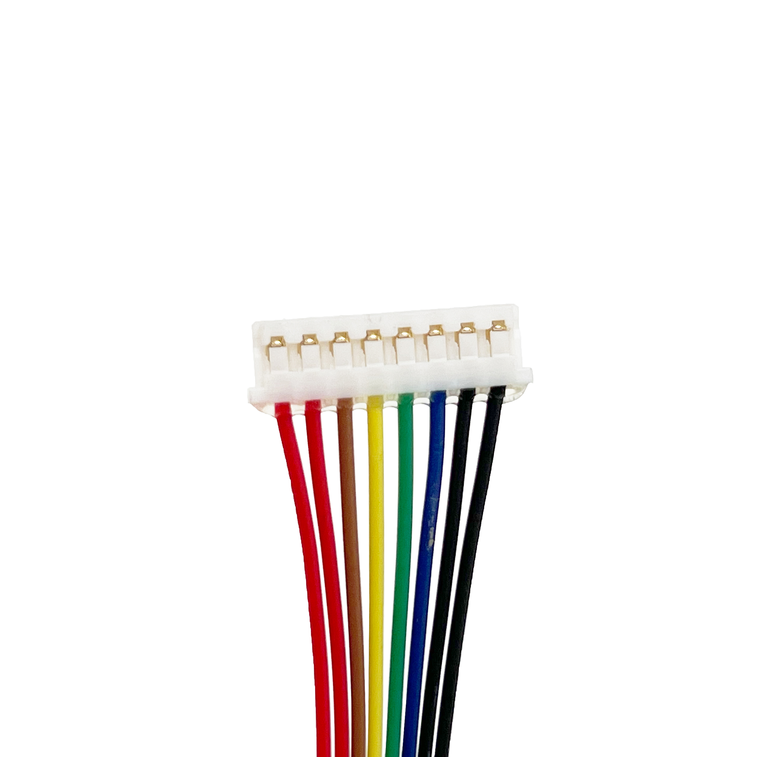 Białe złącze z ośmioma kolorowymi przewodami: czerwonym, brązowym, żółtym, zielonym, niebieskim i czarnym.