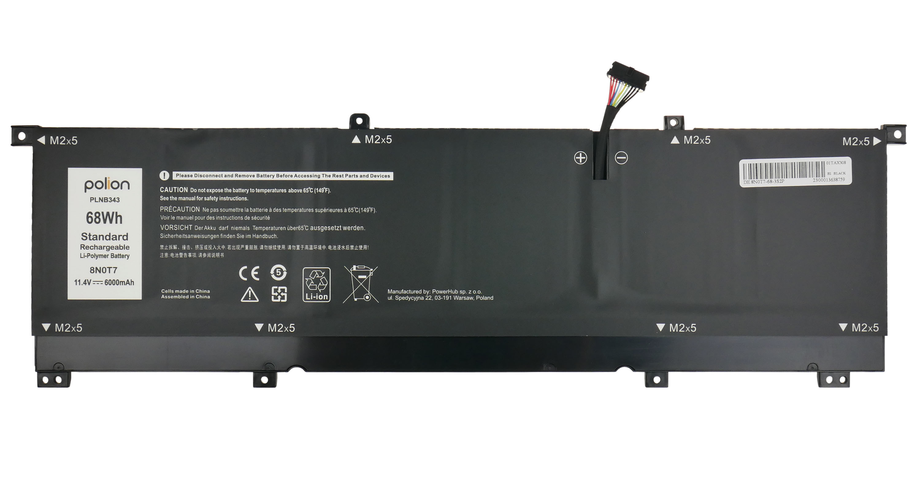 Czarna bateria do laptopa z napisami, symbolami ostrzegawczymi i kablem połączeniowym.