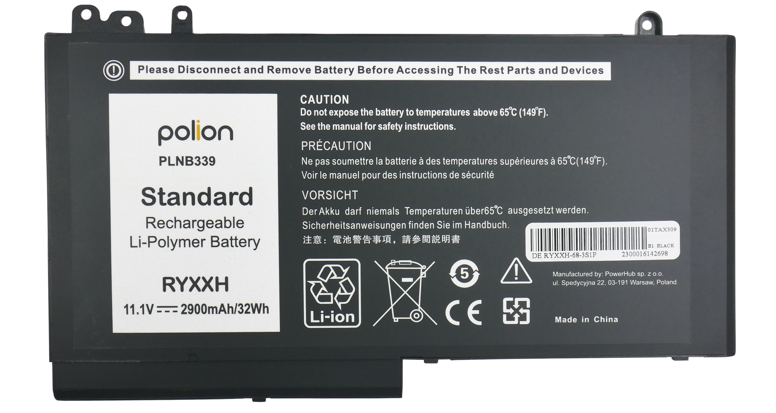 Czarna bateria z napisem: Polion, PLNB339, Standard, Li-Polymer, RYXXH, 11.1V 2900mAh/32Wh.