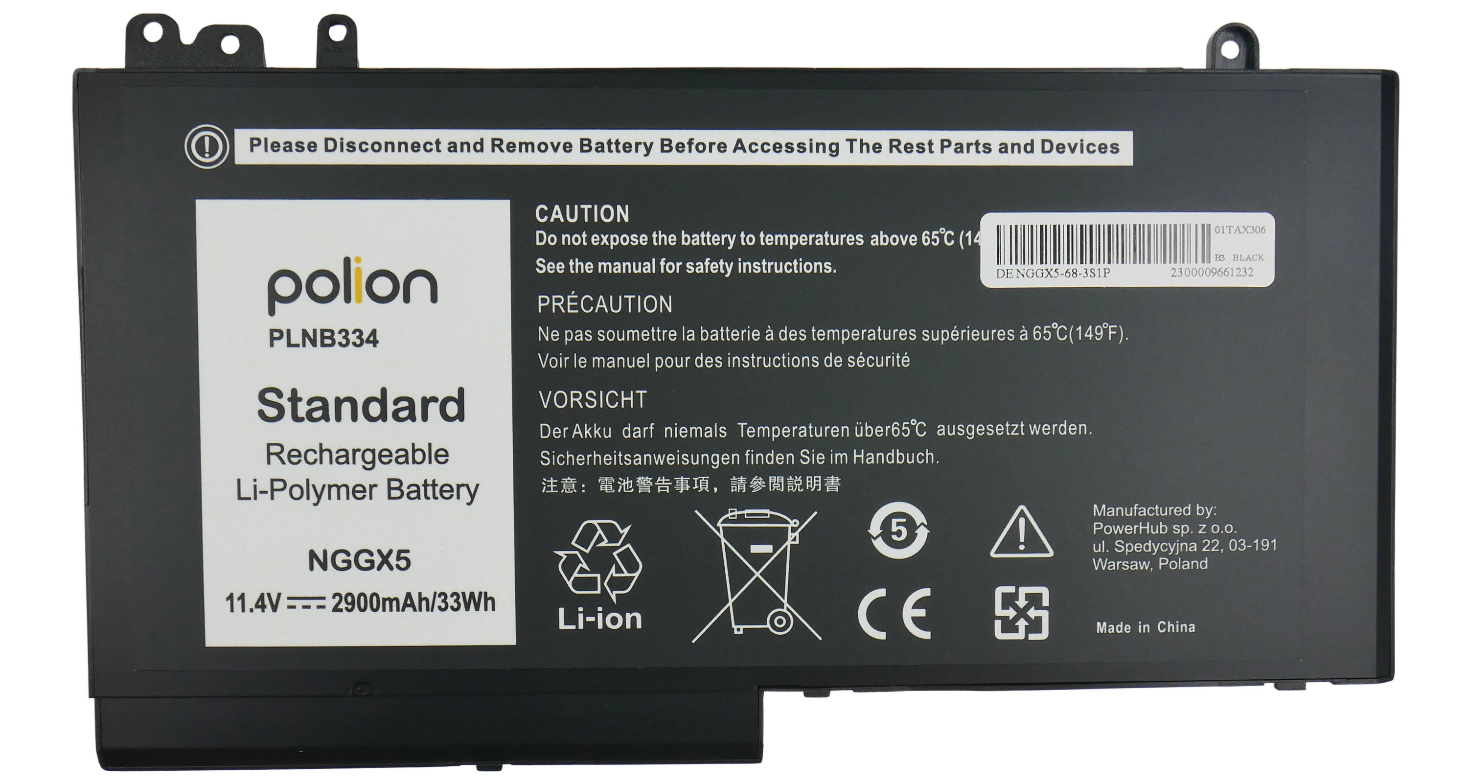 Czarna bateria Li-Polimer, 11.4V, 2900mAh, z ostrzeżeniami i danymi producenta.