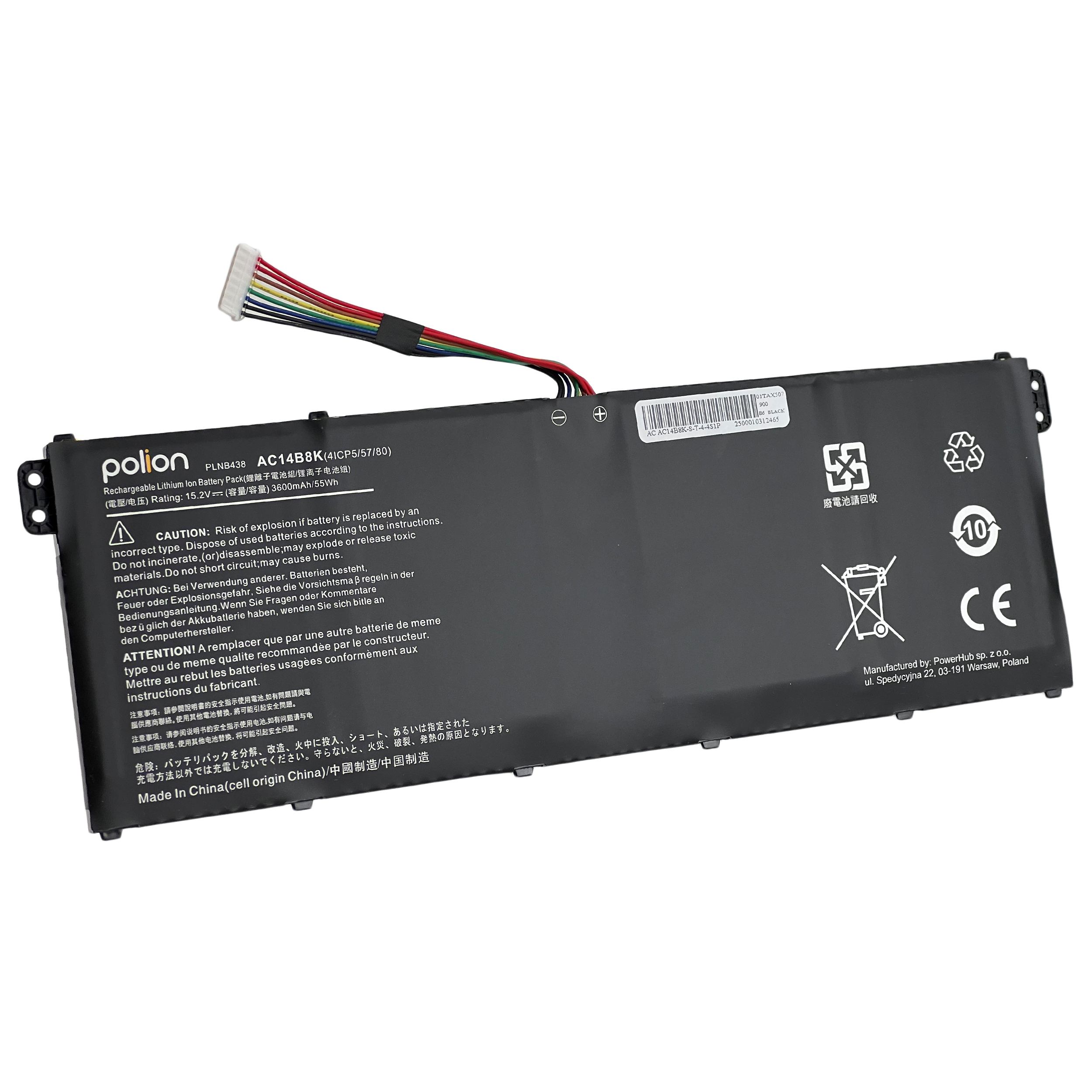 Czarna bateria do laptopa, model AC14B8K, z kablem.