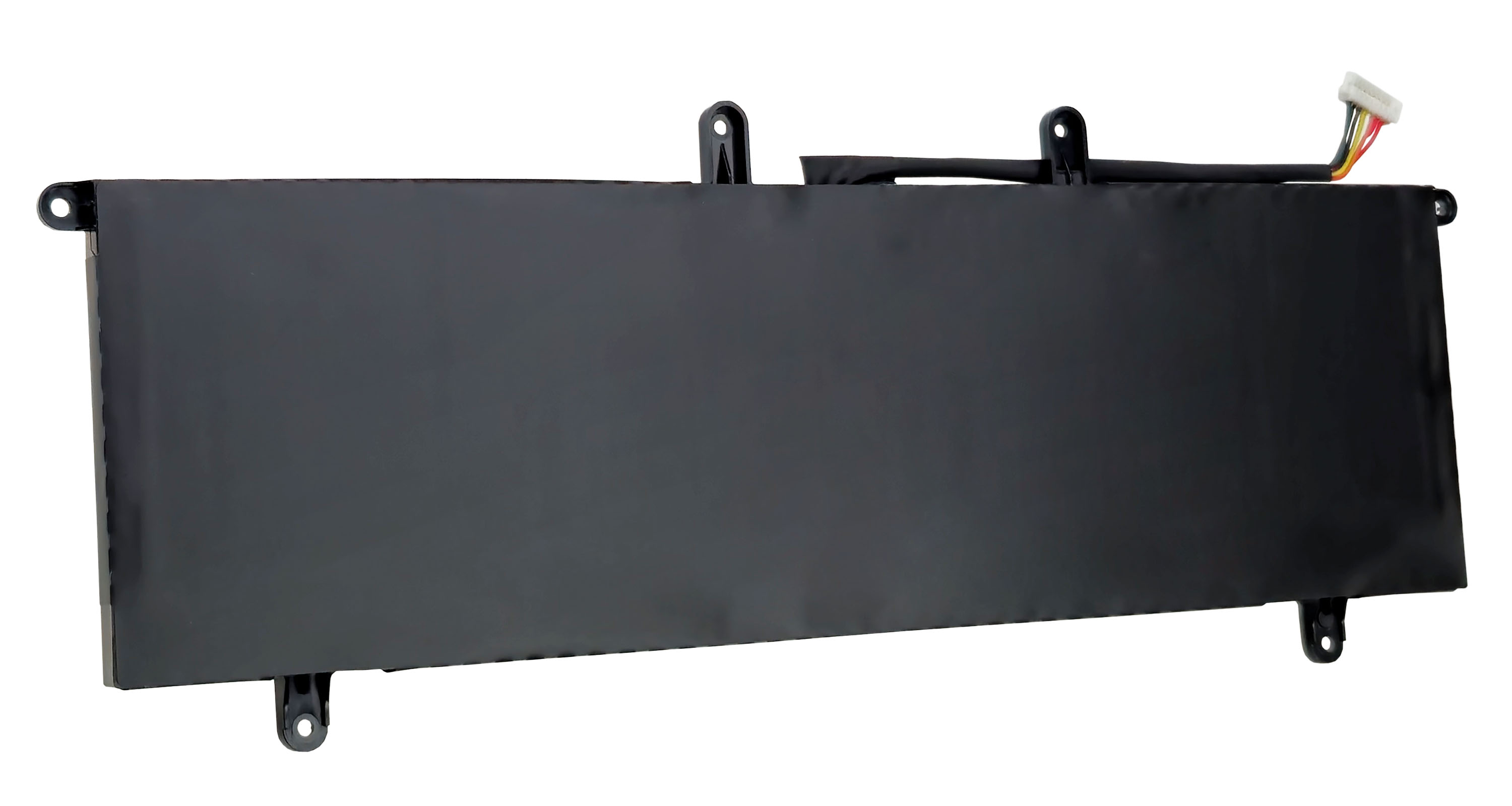 Czarna bateria do laptopa z kablem i złączem, z zaczepami montażowymi.