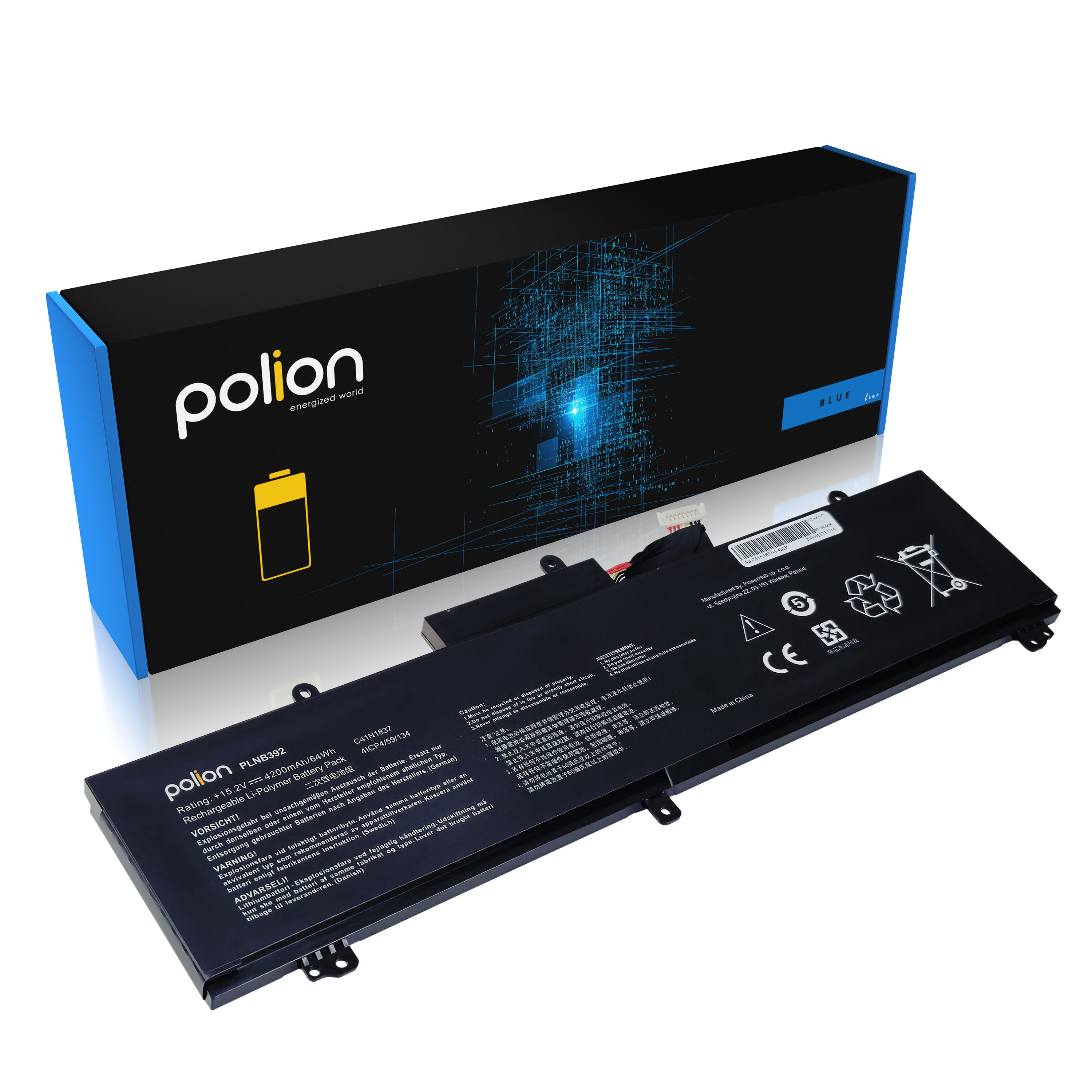 Bateria Polion z tekstem i symbolami ostrzegawczymi. W tle pudełko.