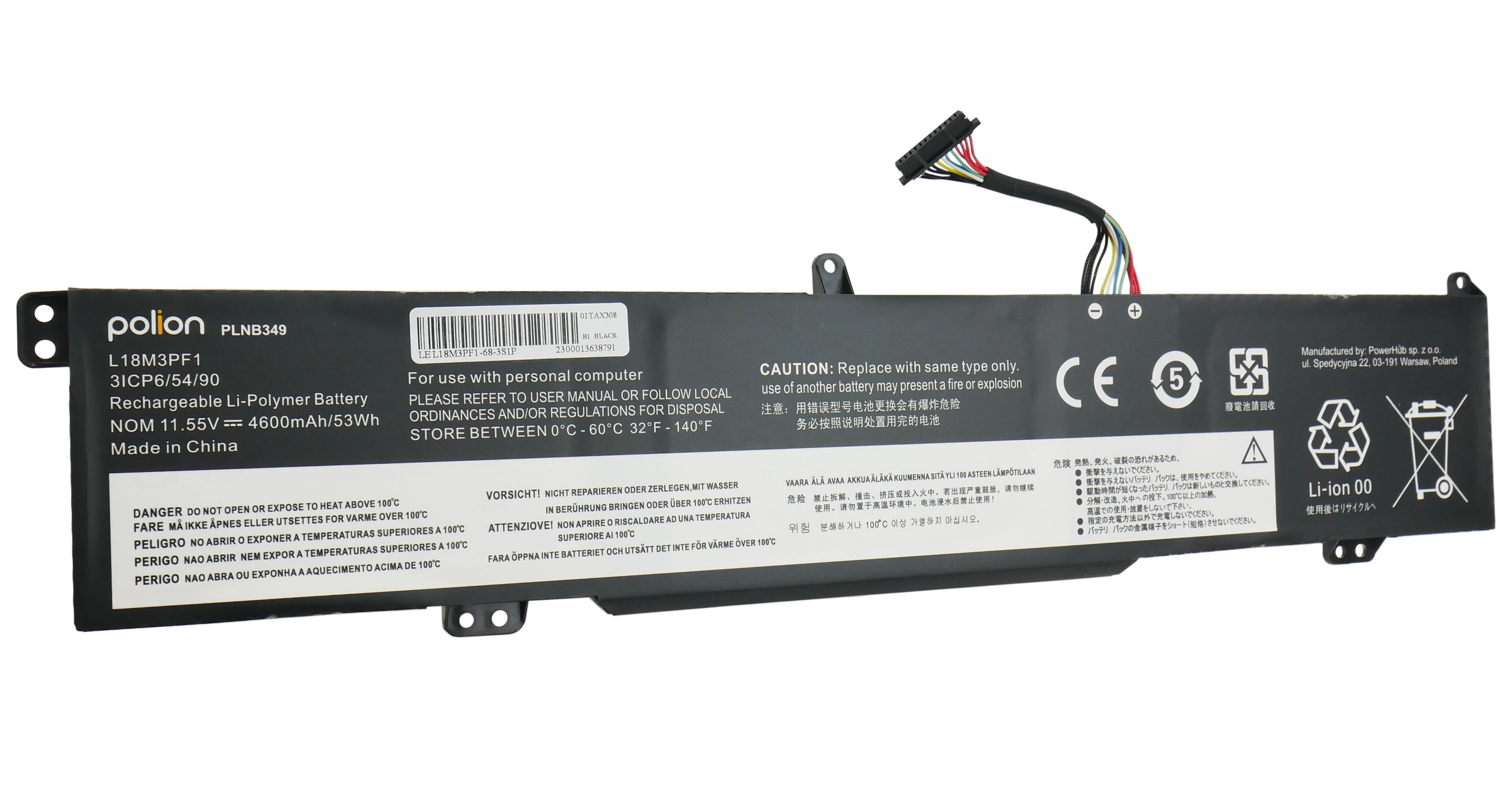 Czarny akumulator z kablami, ostrzeżeniami i symbolami recyklingu.