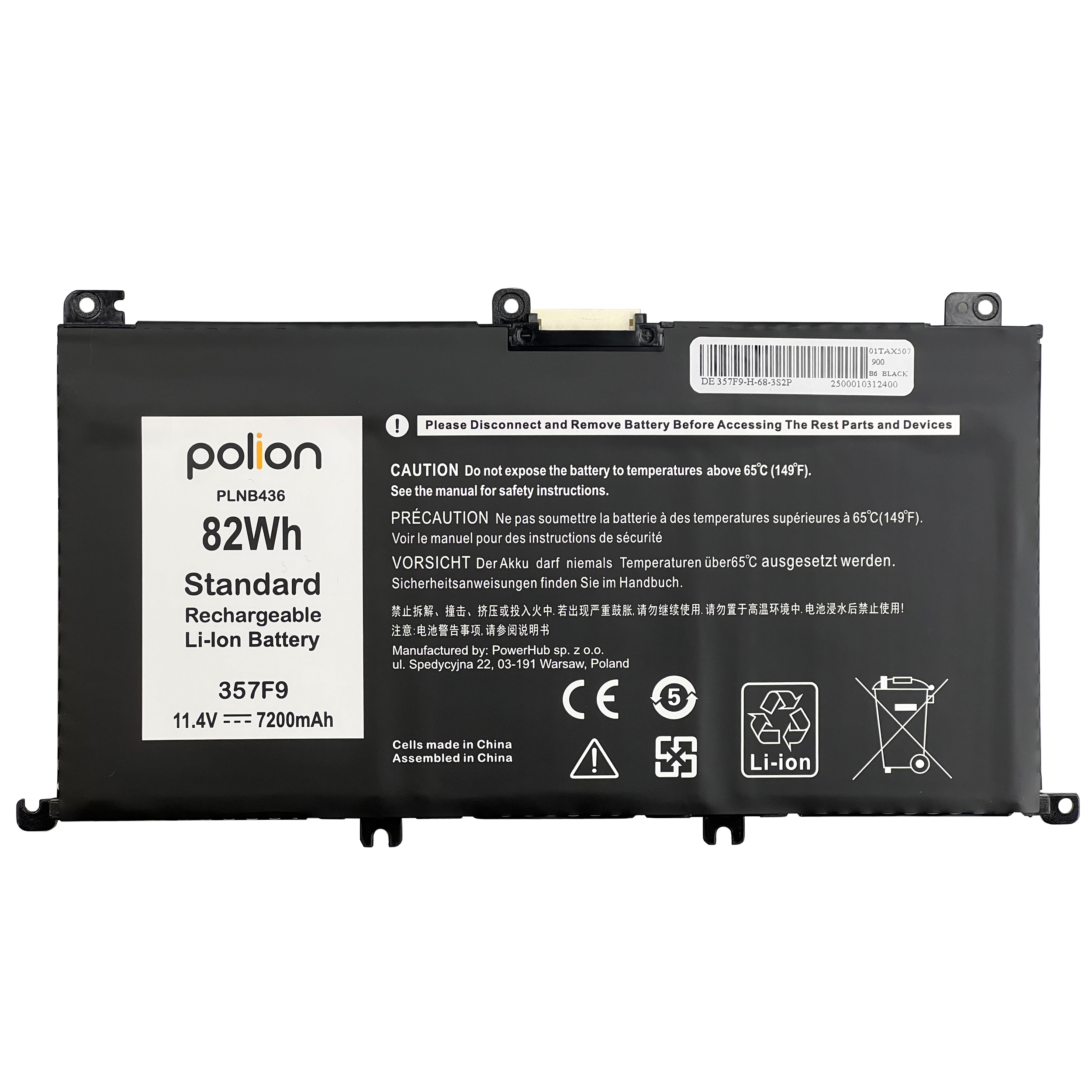 Czarna bateria Li-Ion, 82Wh, 11.4V, 7200mAh. Marka: polion, Model: PLNB436.