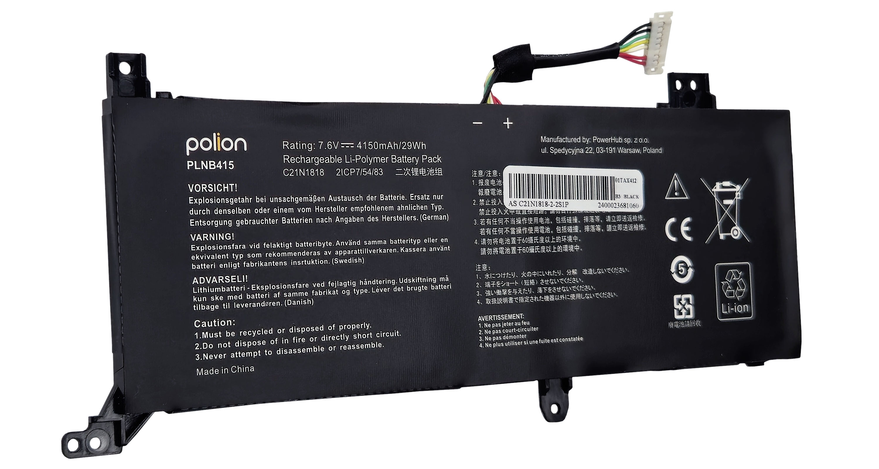 Czarny akumulator Li-Polimer polion PLNB415 z kablem.