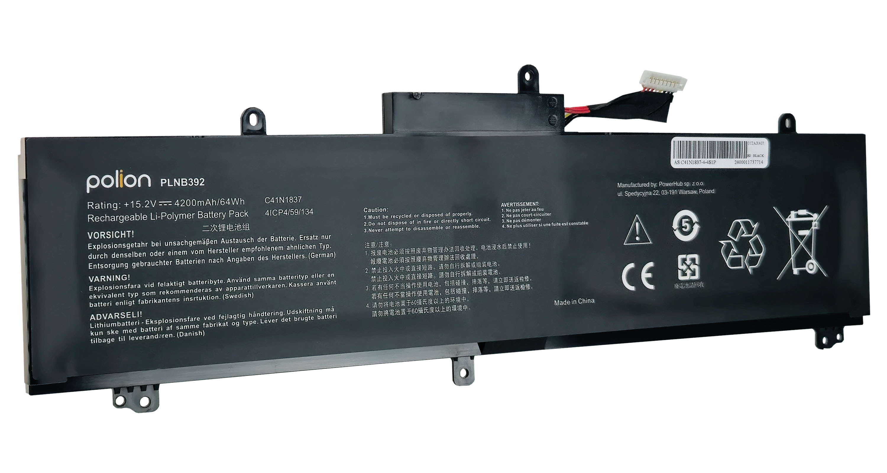 Czarny akumulator Li-Polimer z kablem. polion PLNB392, 4200mAh/64Wh.