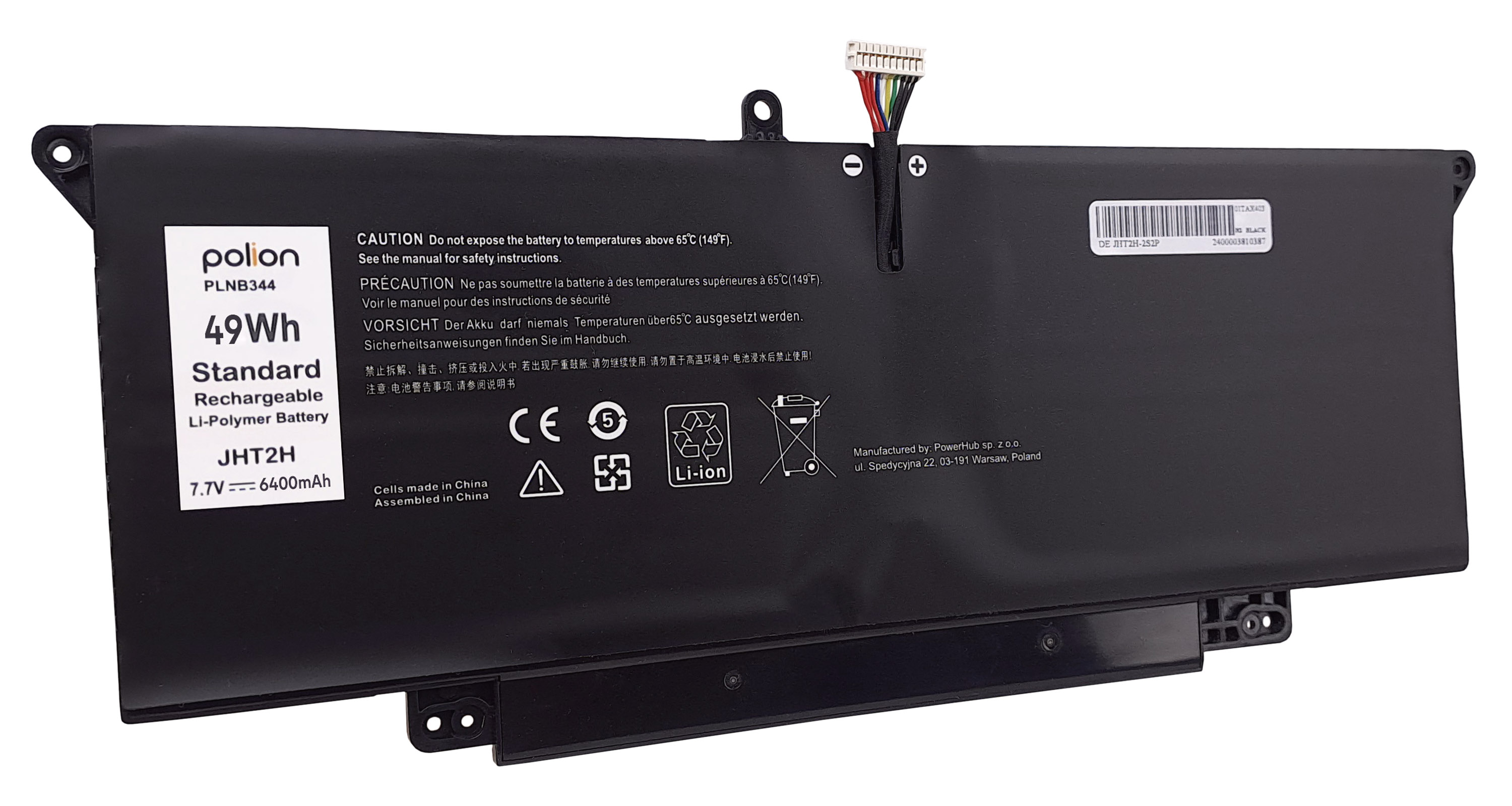 Czarny akumulator Li-Polimer 49Wh, model JHT2H, 7.7V, 6400mAh.