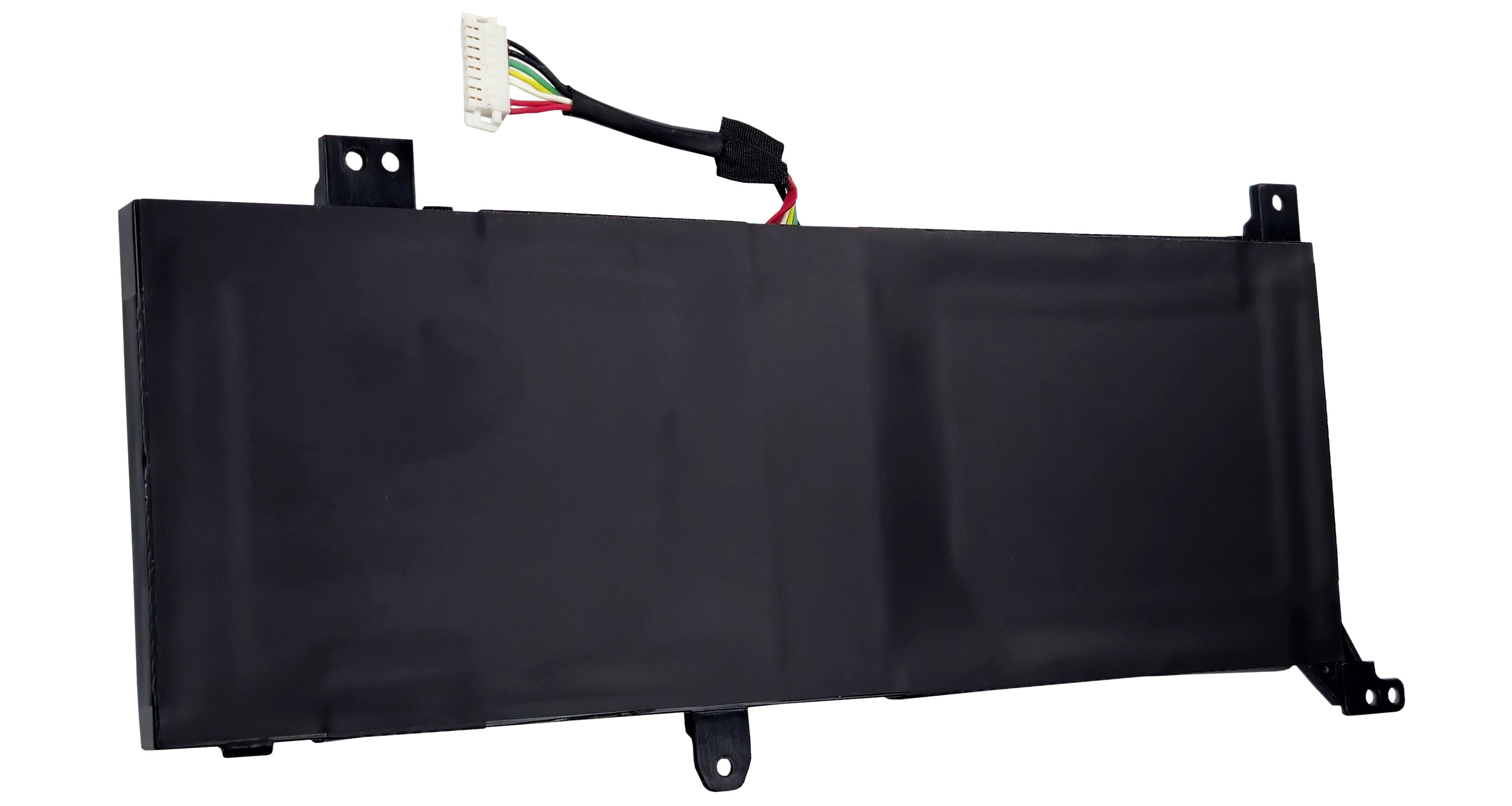 Czarna bateria do laptopa z przewodami i złączami, na białym tle.