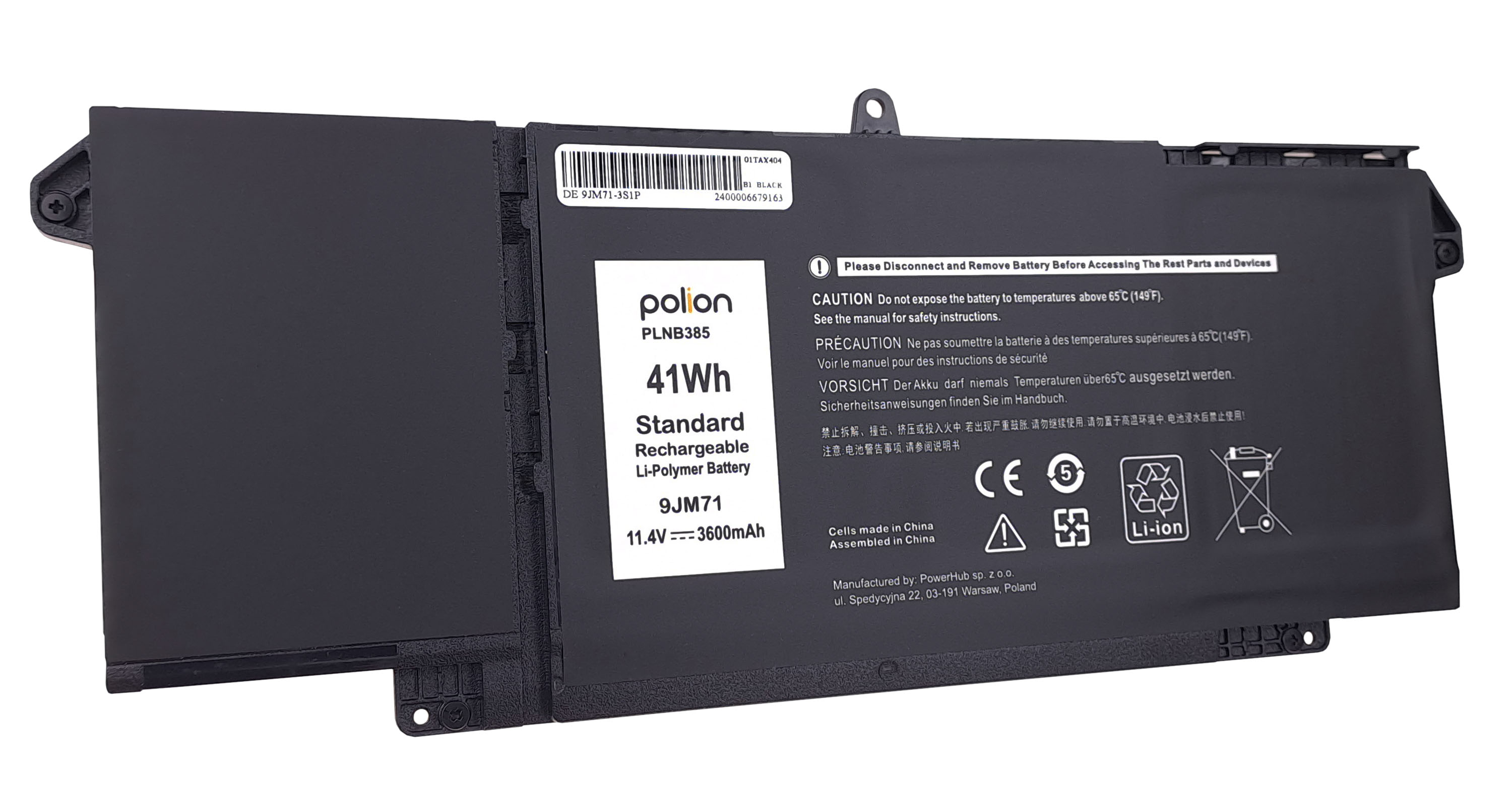 Czarna bateria do laptopa z opisem: 41Wh, 9JM71, 3600mAh, Li-Polimer.