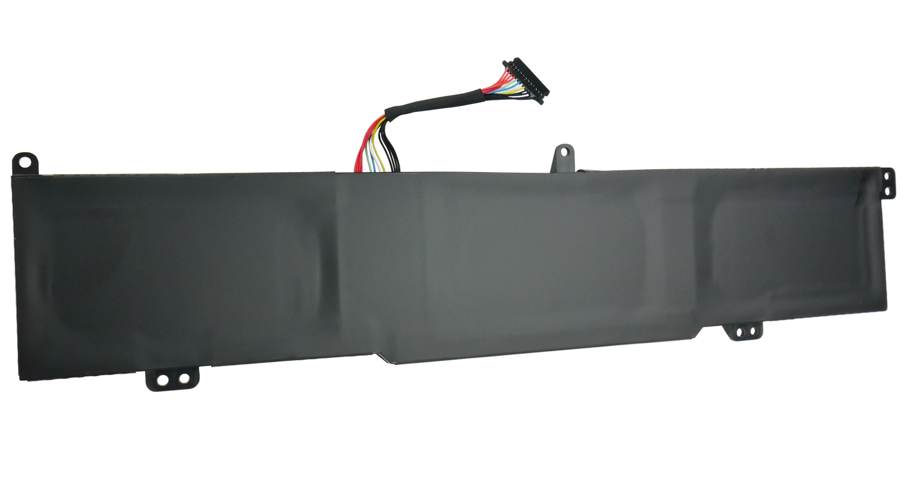 Czarna bateria do laptopa z podłączonym kablem z wieloma kolorowymi przewodami.