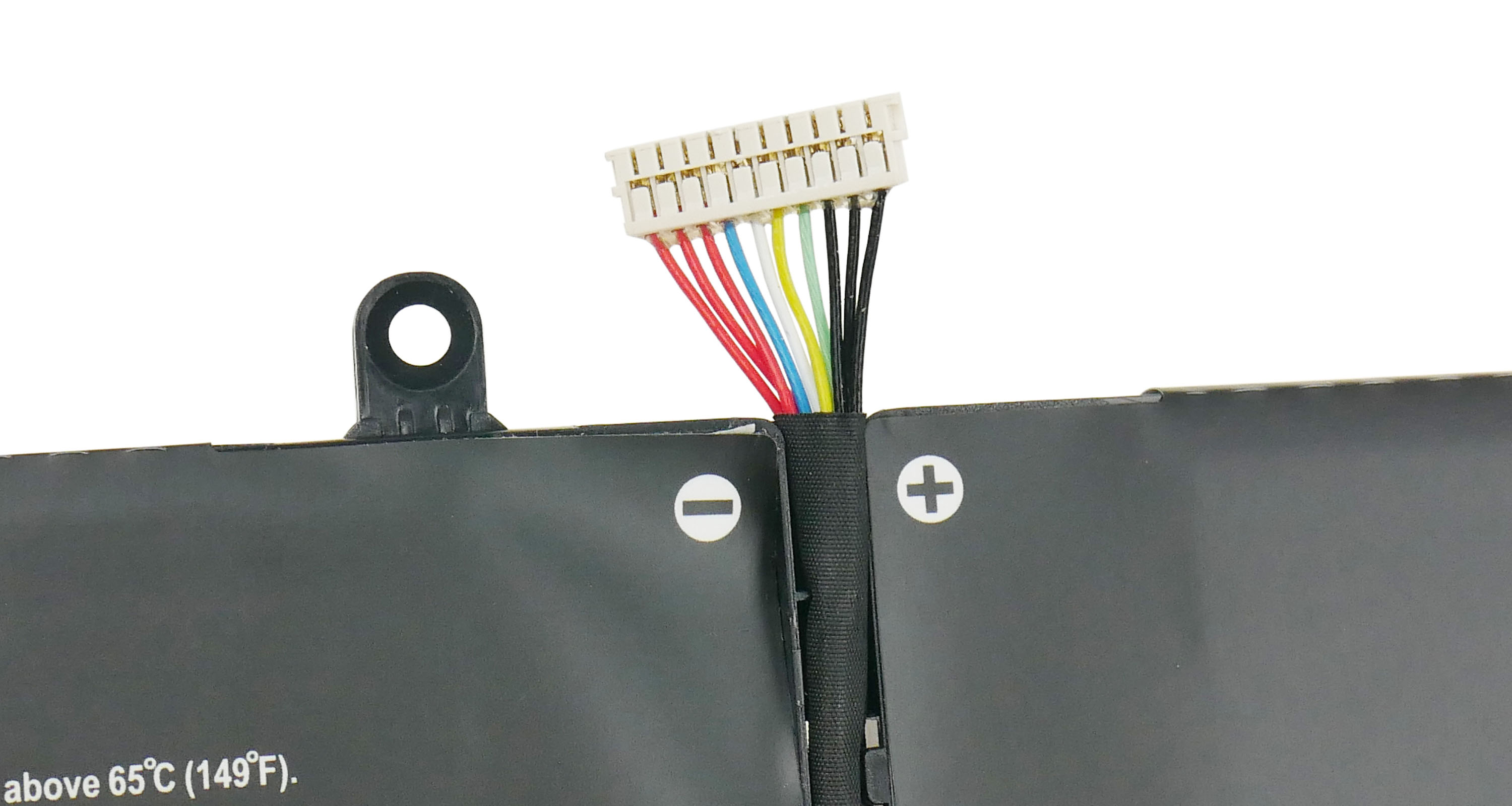 Czarny akumulator z białym złączem i kolorowymi przewodami.