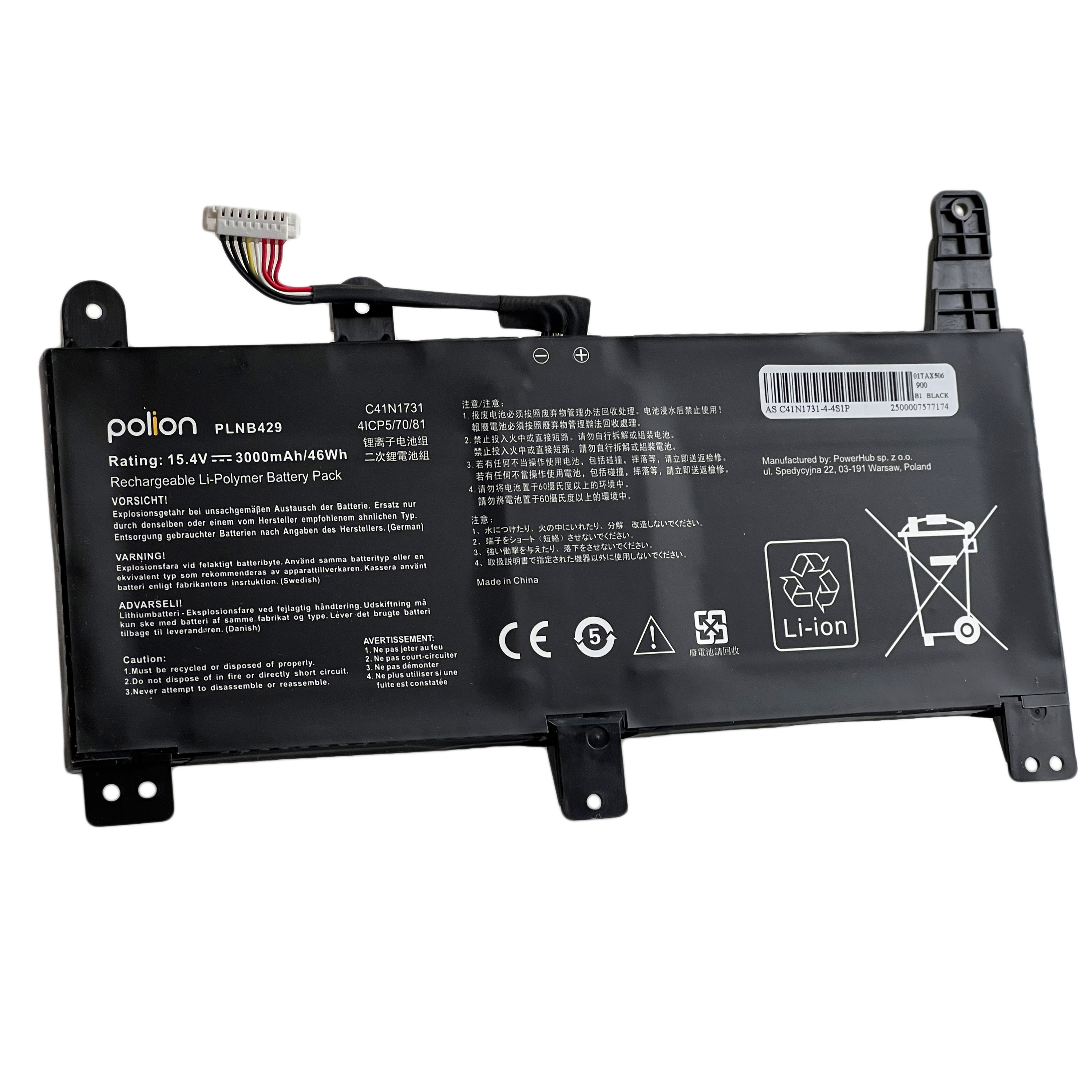 Czarna bateria do laptopa z kablem, etykietami, symbolem Li-ion i ikonami ostrzegawczymi.