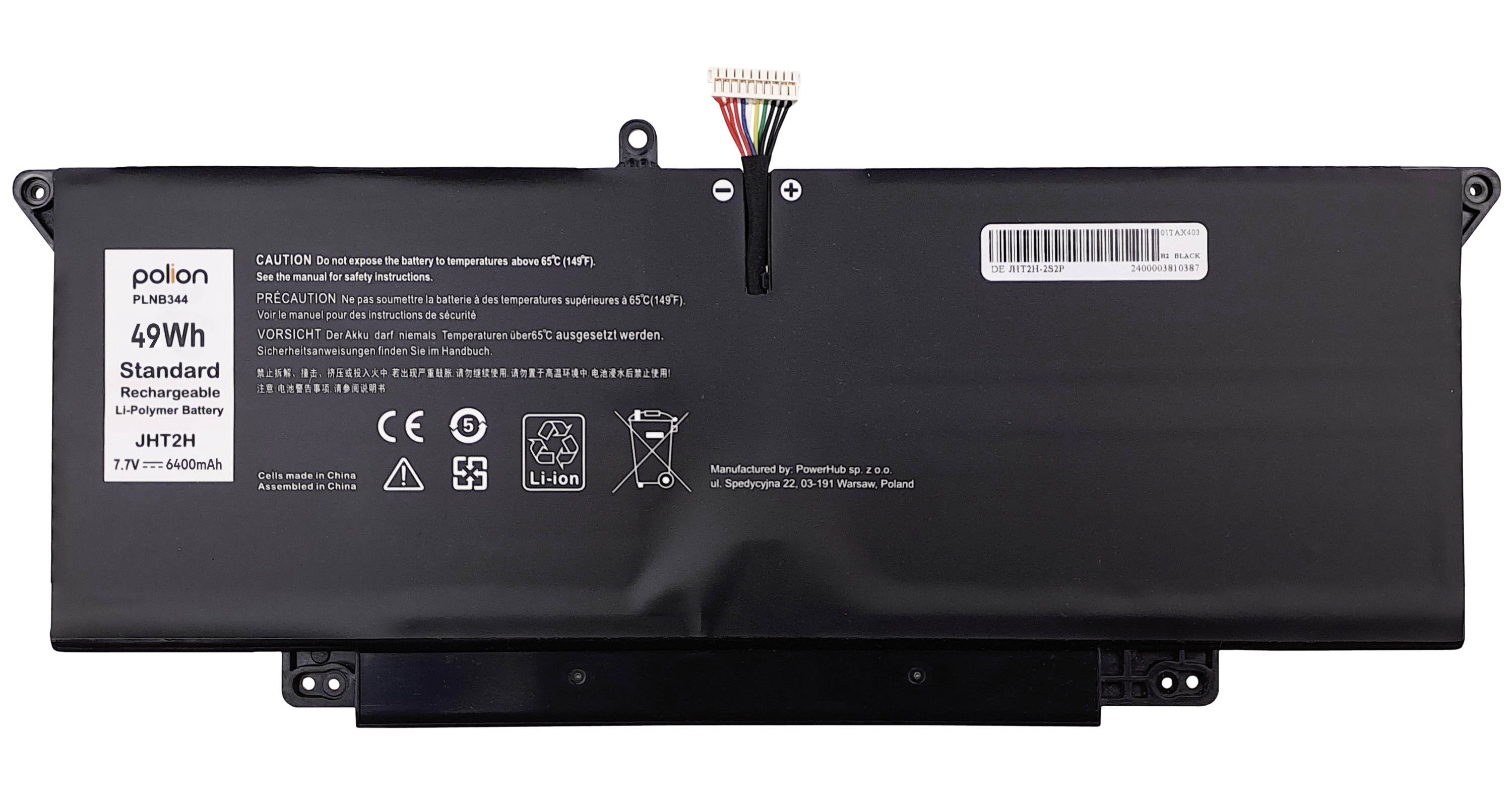 Czarna bateria litowo-polimerowa z kablem i ostrzeżeniami.