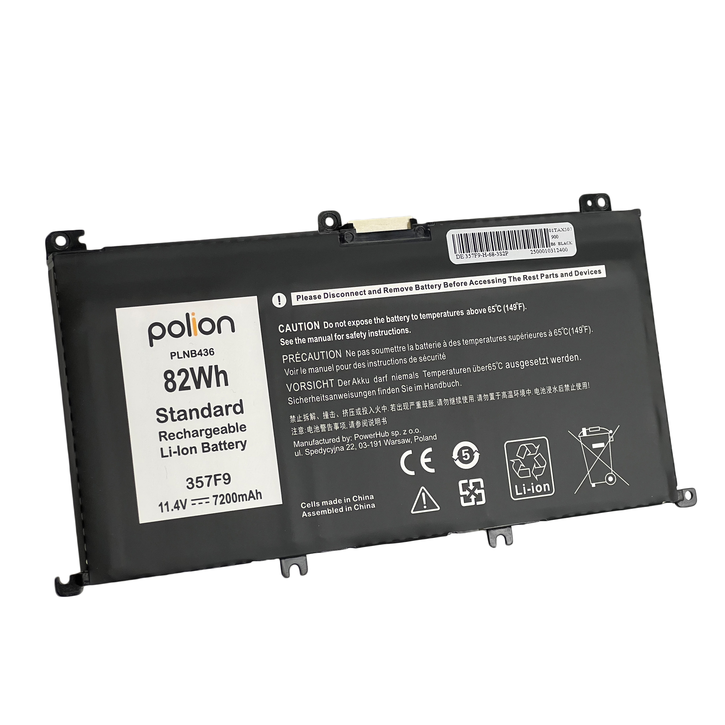 Czarny akumulator Polion do laptopa, 82Wh, 7200mAh, z ostrzeżeniami.