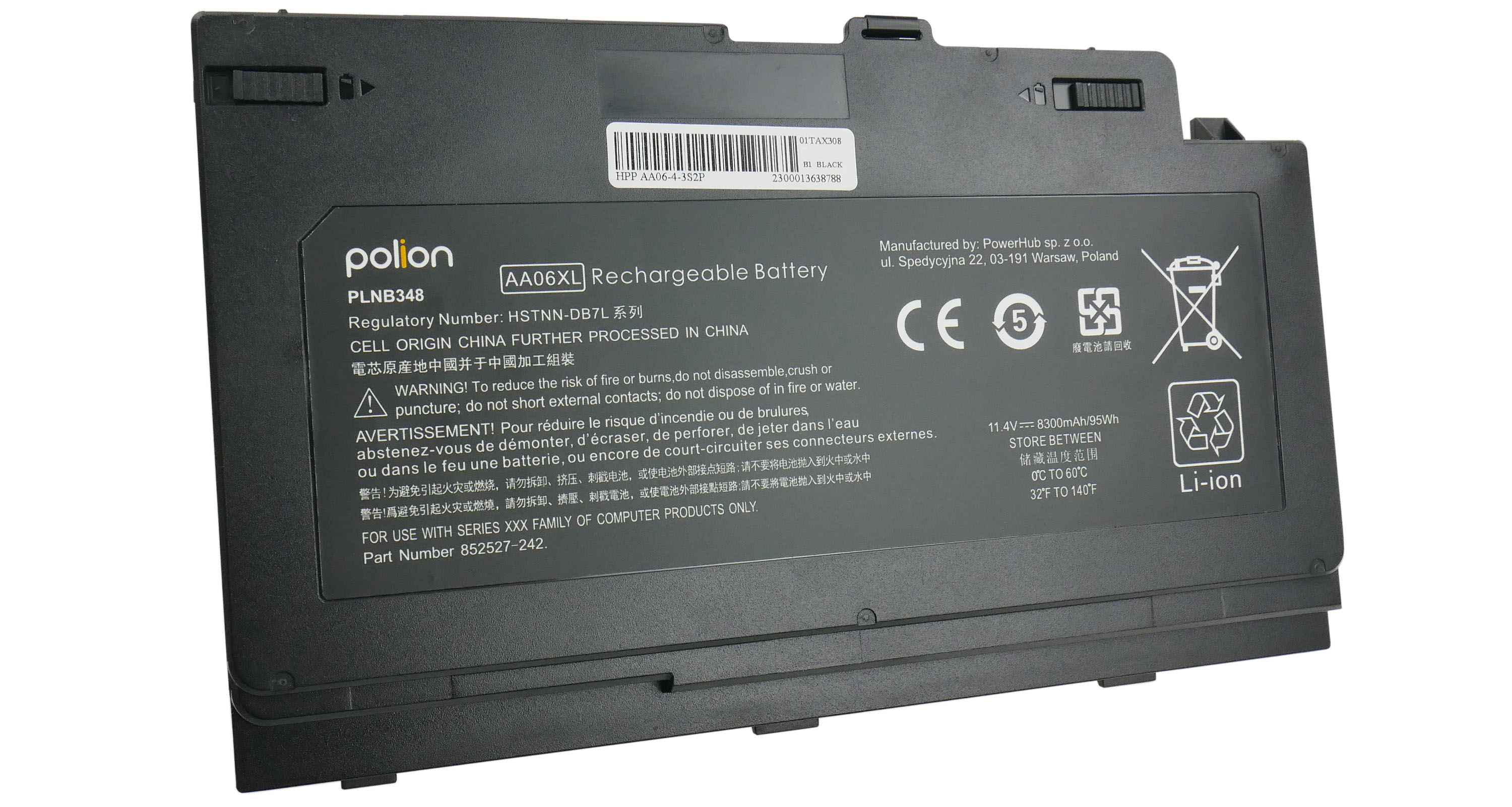 Czarna bateria do laptopa z etykietami, ostrzeżeniami i symbolami.