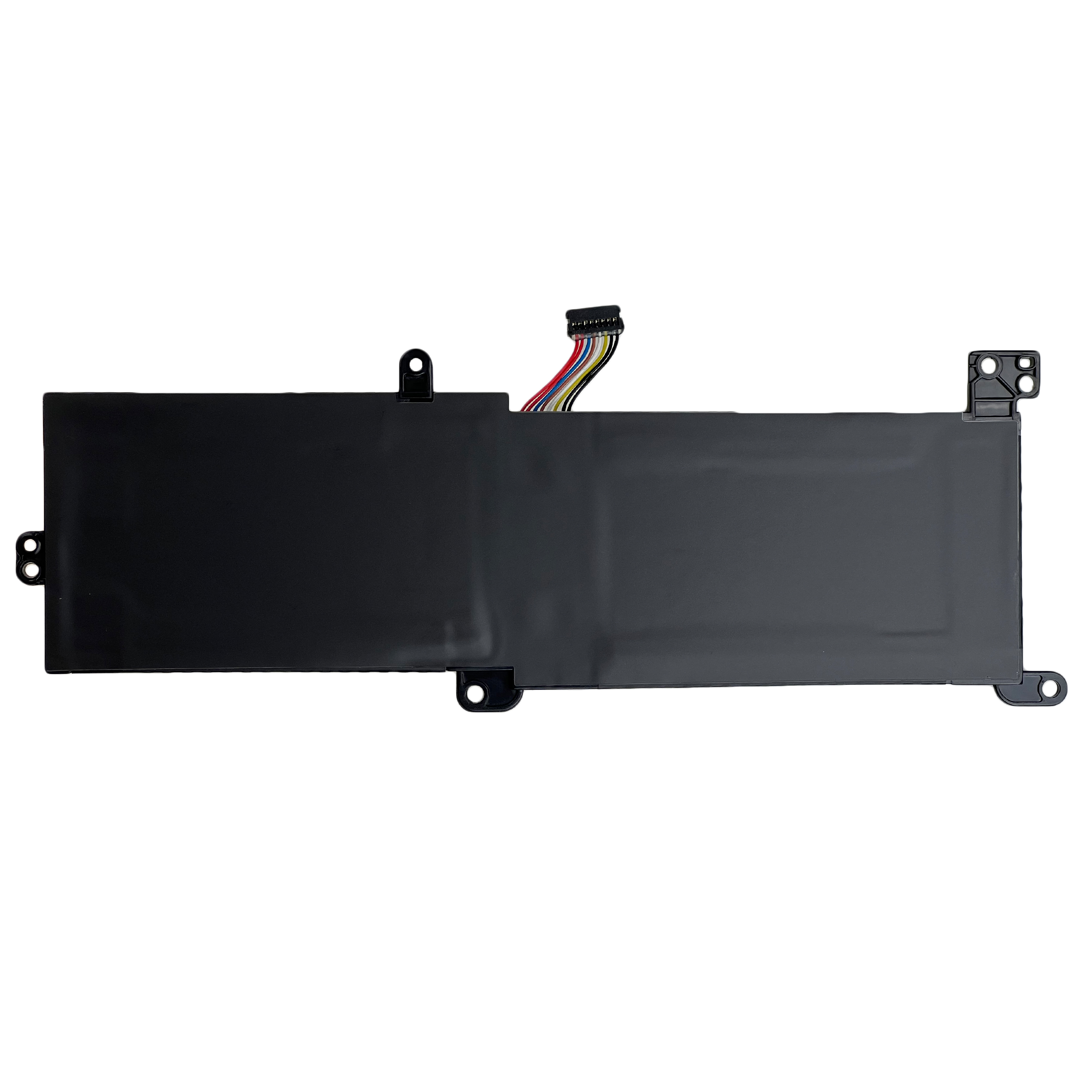 Czarna bateria laptopa z przewodami i zaczepami montażowymi, na białym tle.