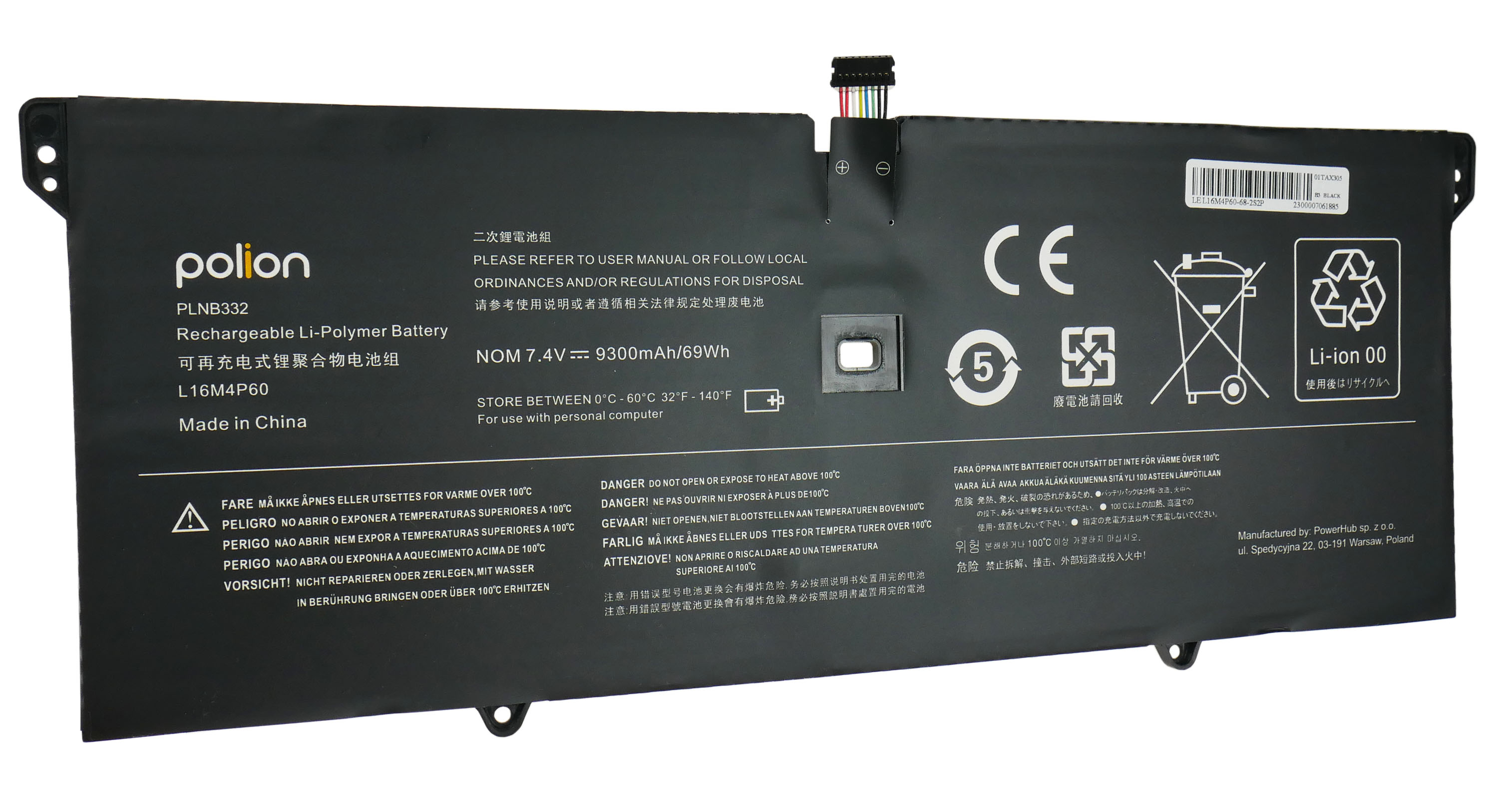 Czarna bateria Polion do laptopa, 7,4V, 9300mAh, z etykietami ostrzegawczymi.