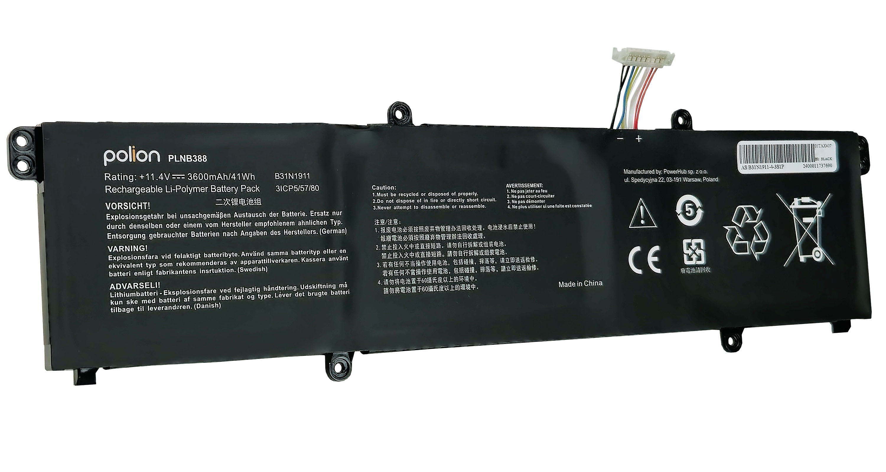 Czarna bateria do laptopa z kablami i symbolami ostrzegawczymi. Model PLNB388.