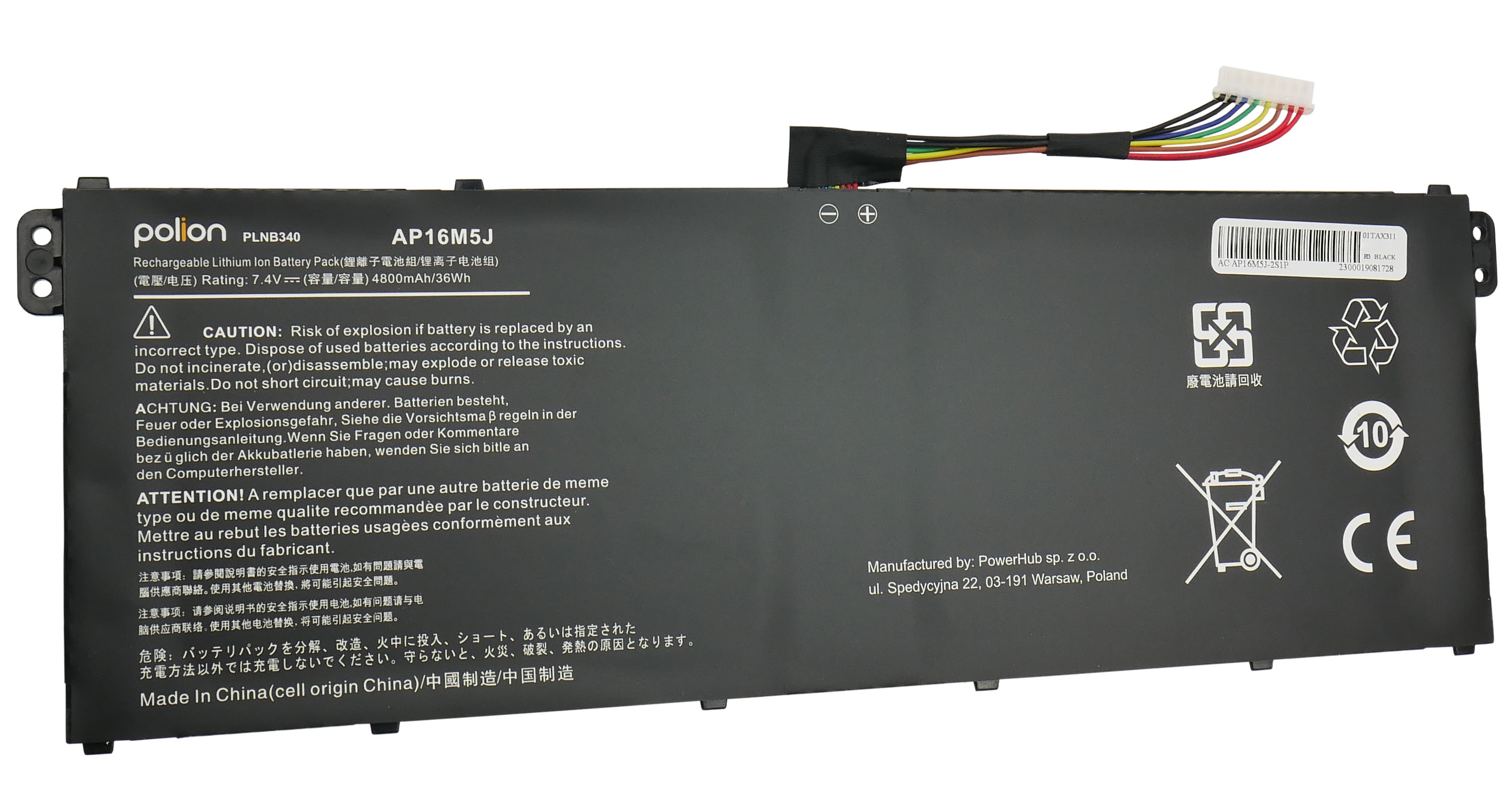 Czarna bateria do laptopa, model AP16M5J, z przewodami i ostrzeżeniami.