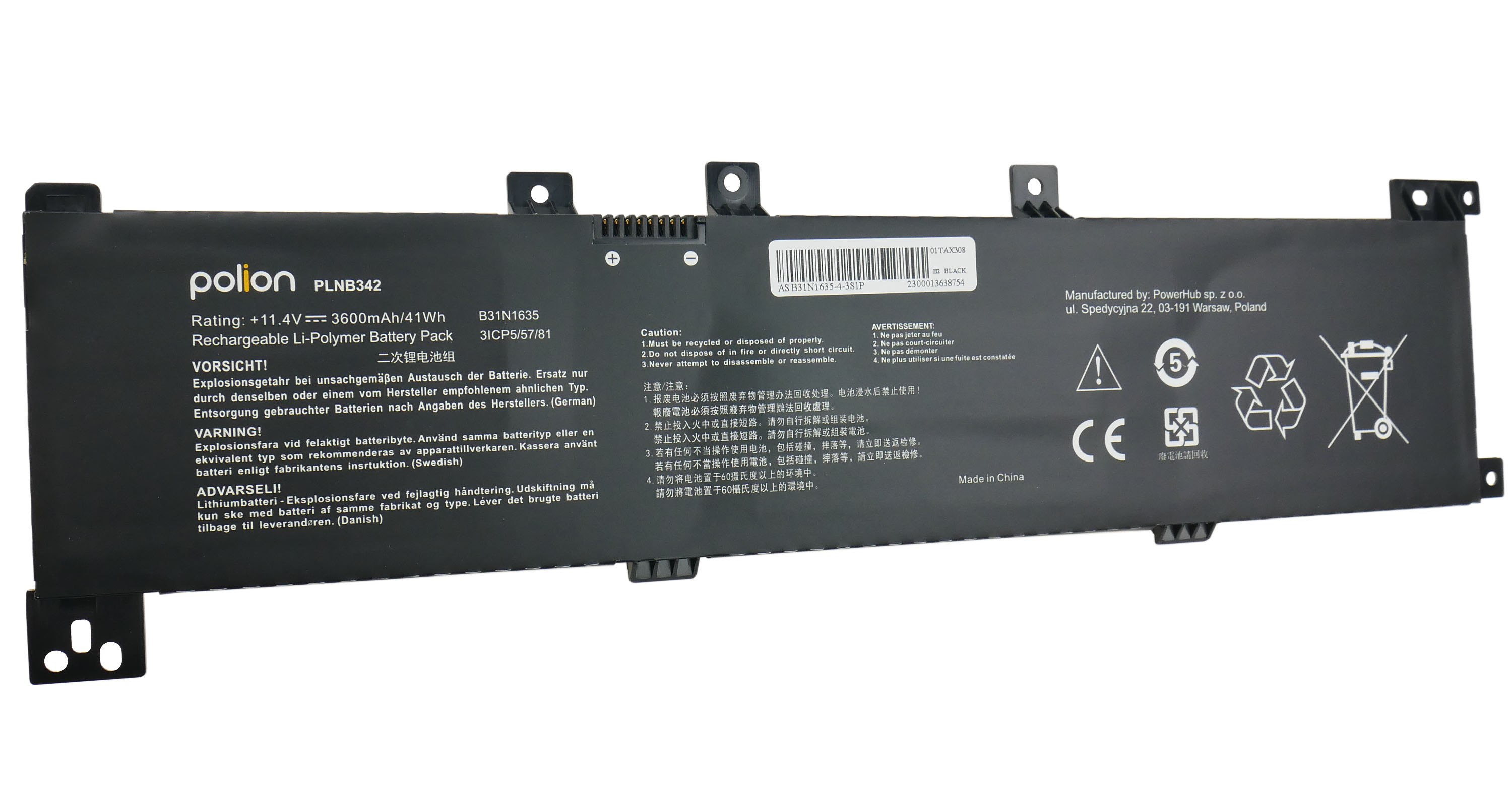 Czarny akumulator Li-Polimerowy Polion PLNB342 o pojemności 3600 mAh.