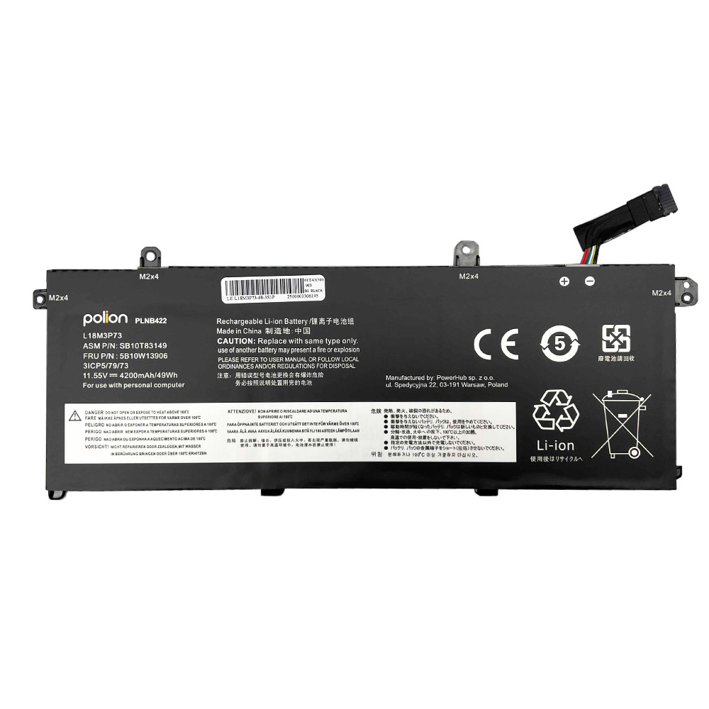 Czarna bateria do laptopa, model Polion PLNB422. Zawiera etykiety ostrzegawcze.