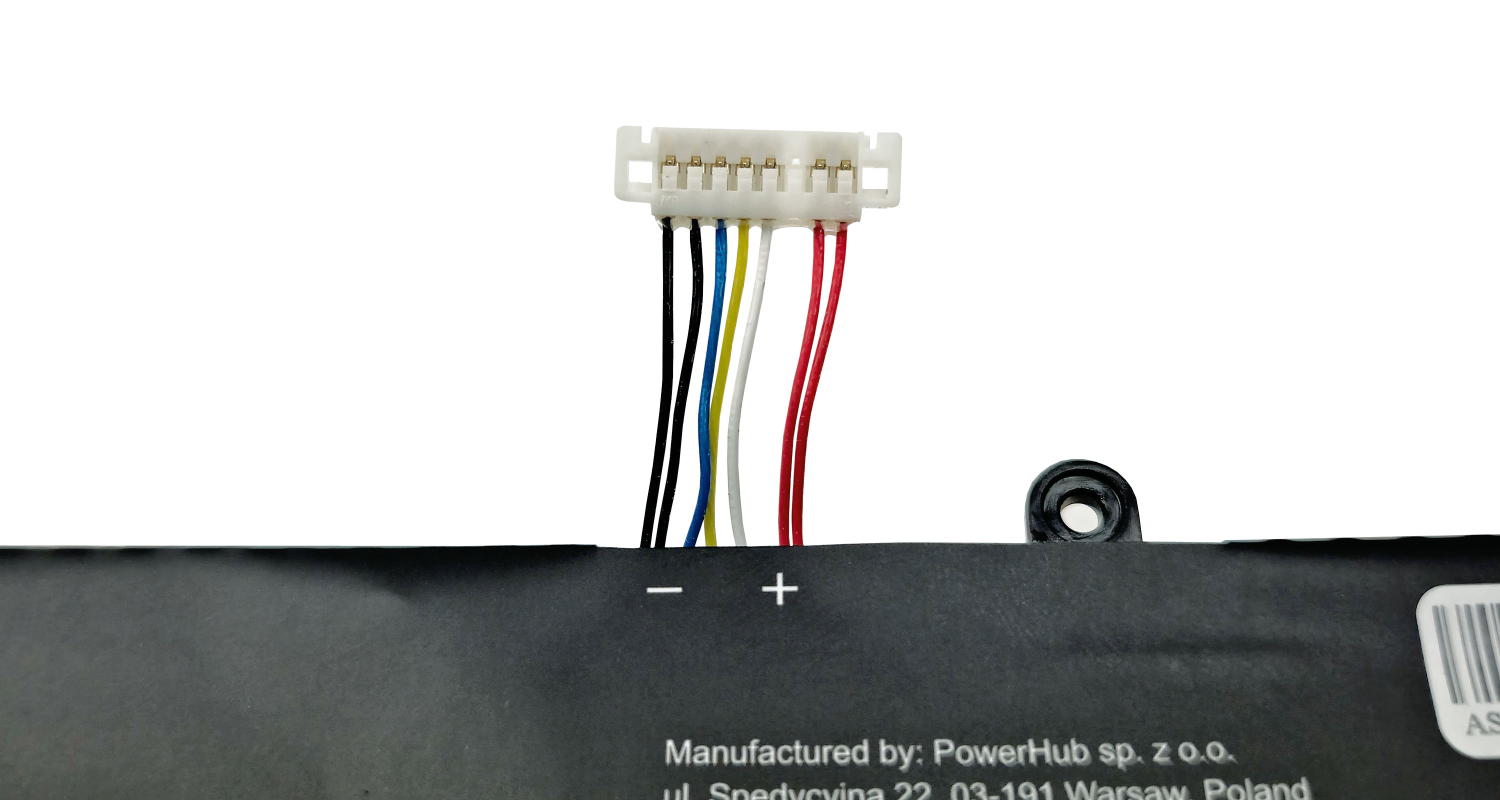 Złącze baterii z kolorowymi przewodami: czarny, niebieski, żółty, biały, czerwony.